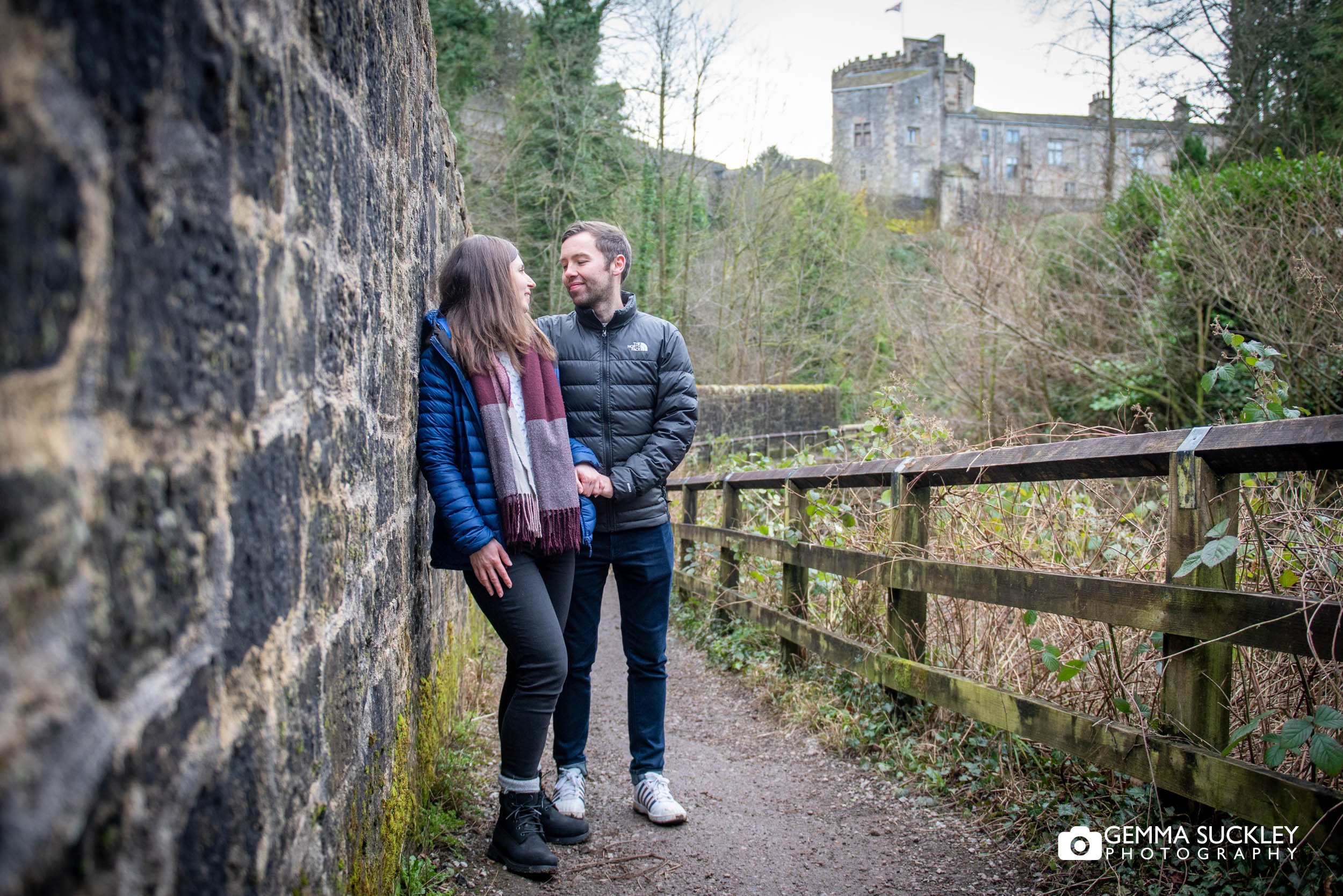 engaged couple in front of skipton castle