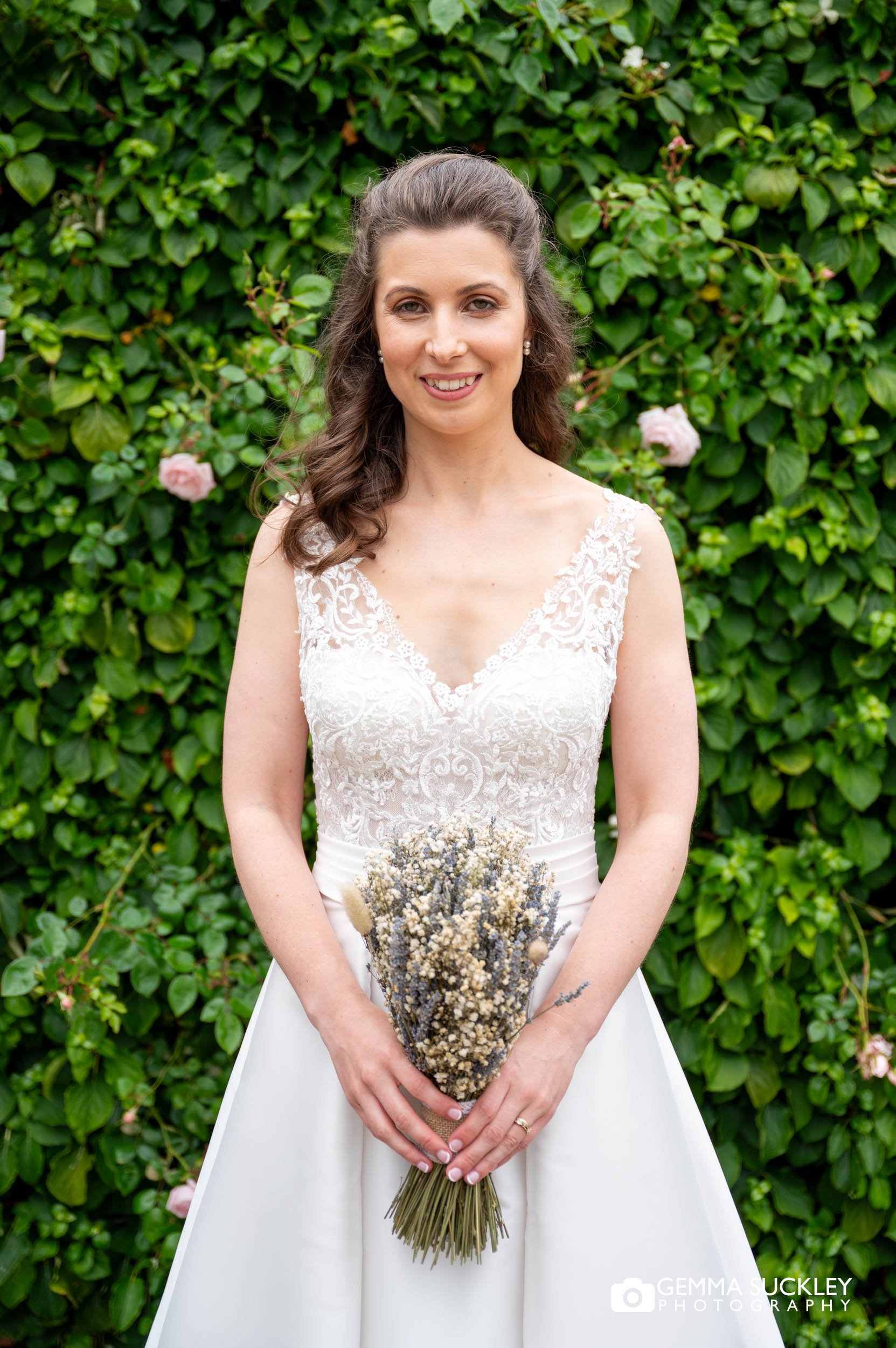 bride outside devonshire arms hotel in bolton abbey