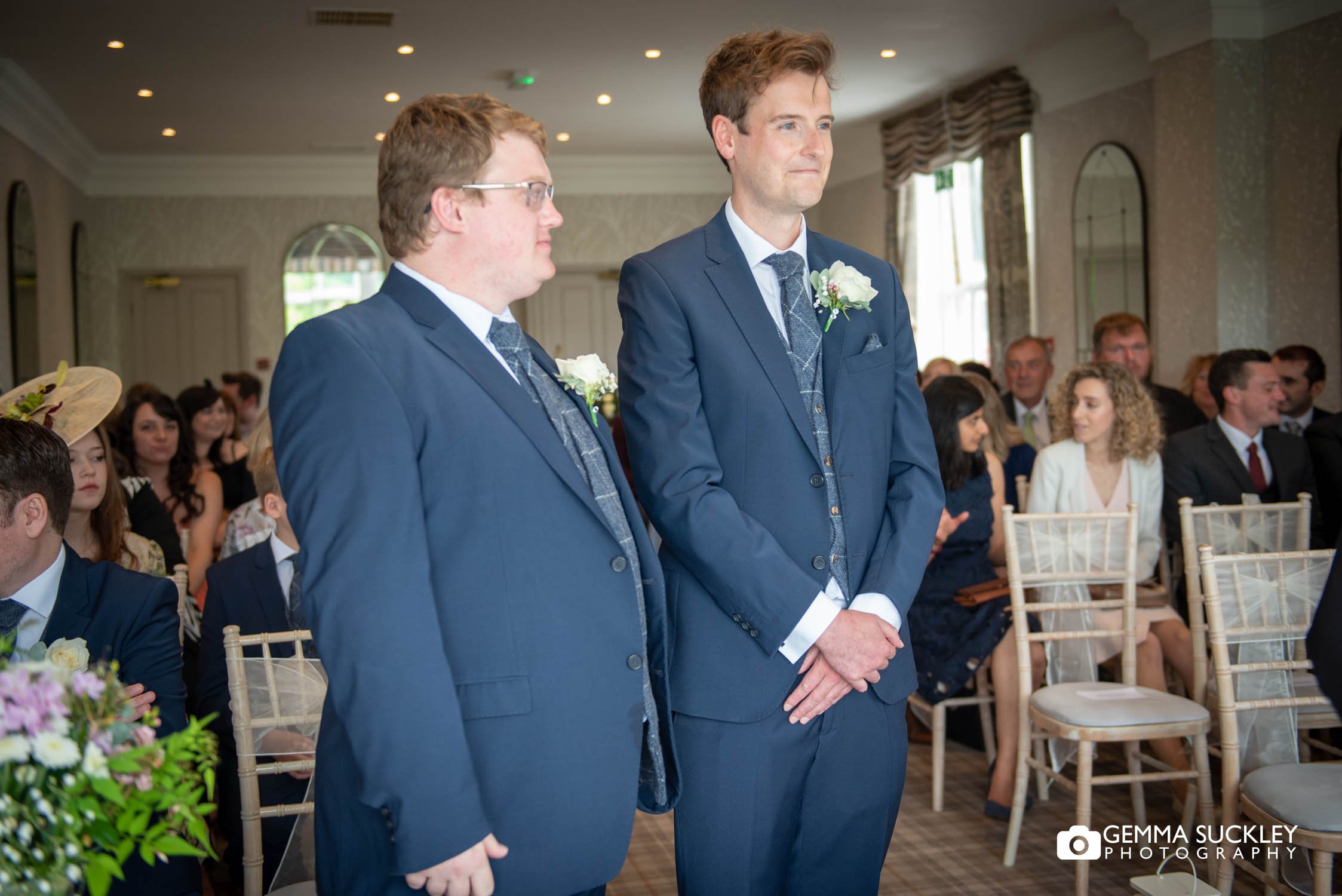 groom and bestman waiting for the bride at devonshire arms