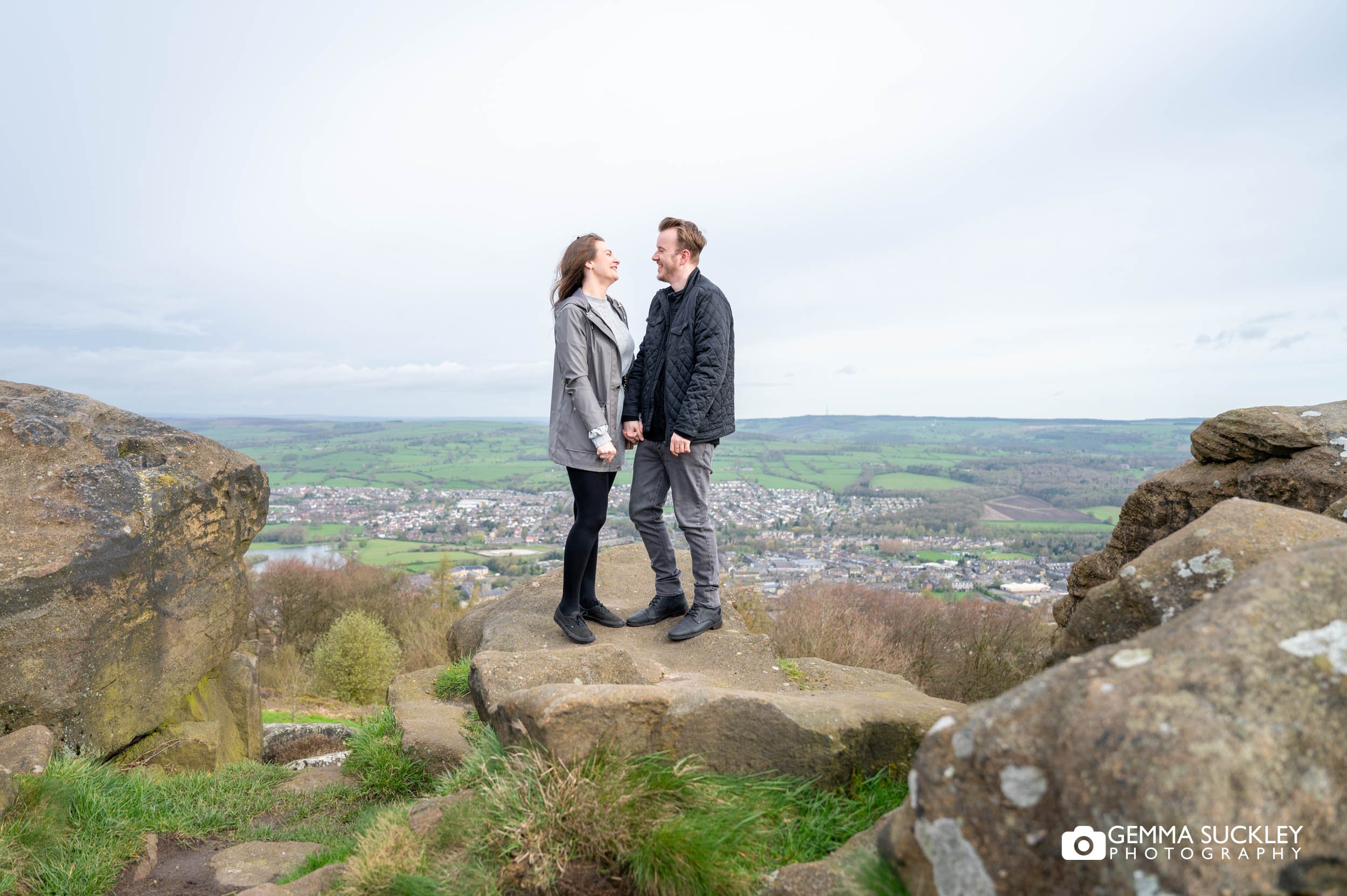 engaged couple at surprise view in otley