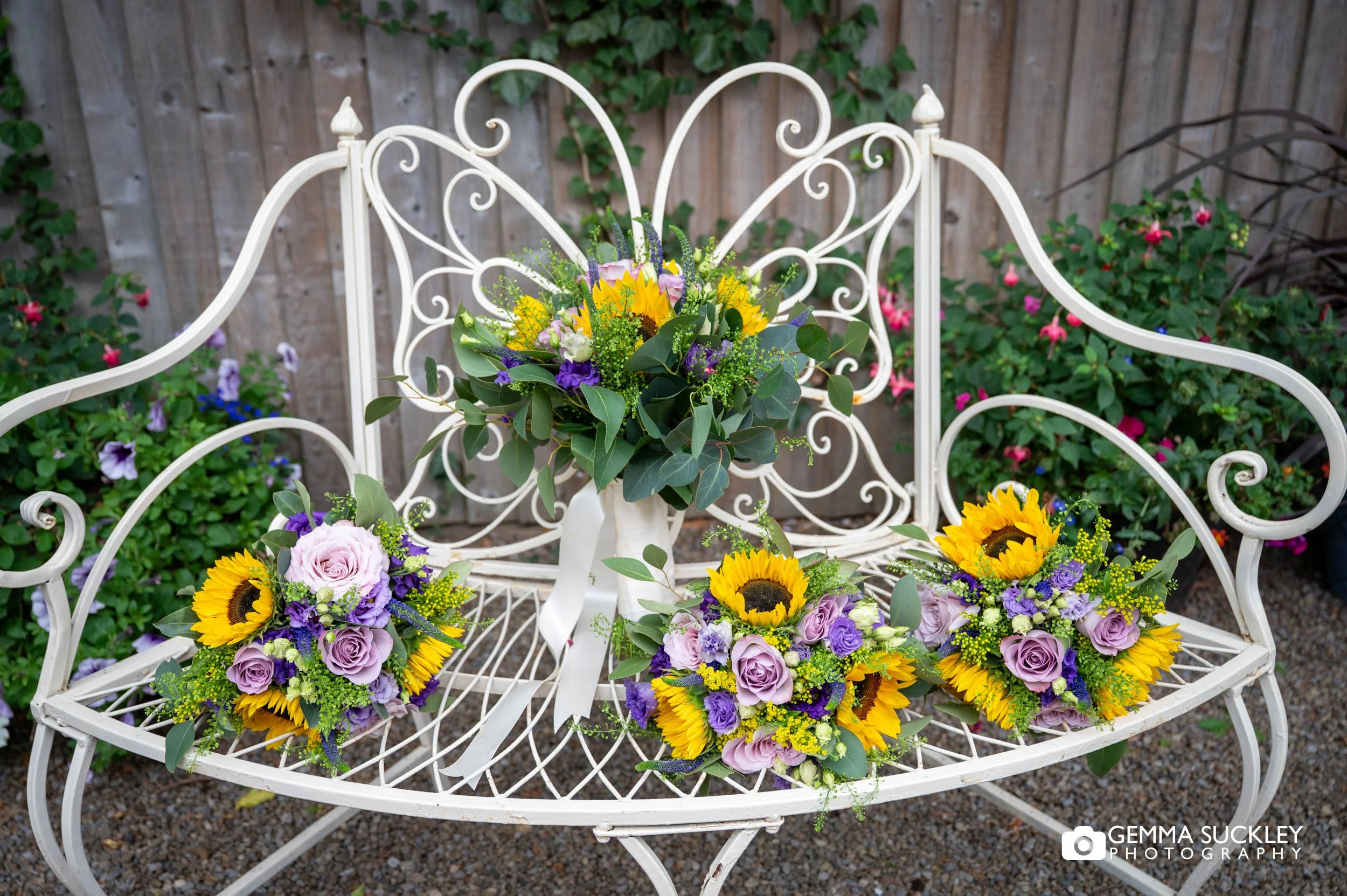wedding bouquets outside the old barn in esholt
