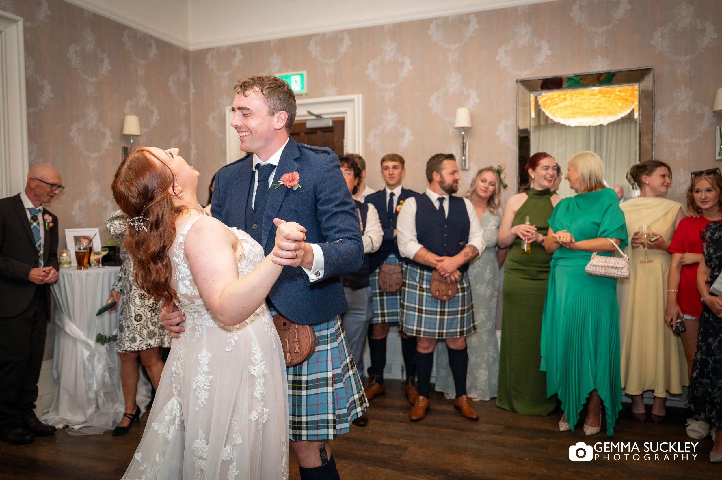 bride and groom's first dance at the falcon manor