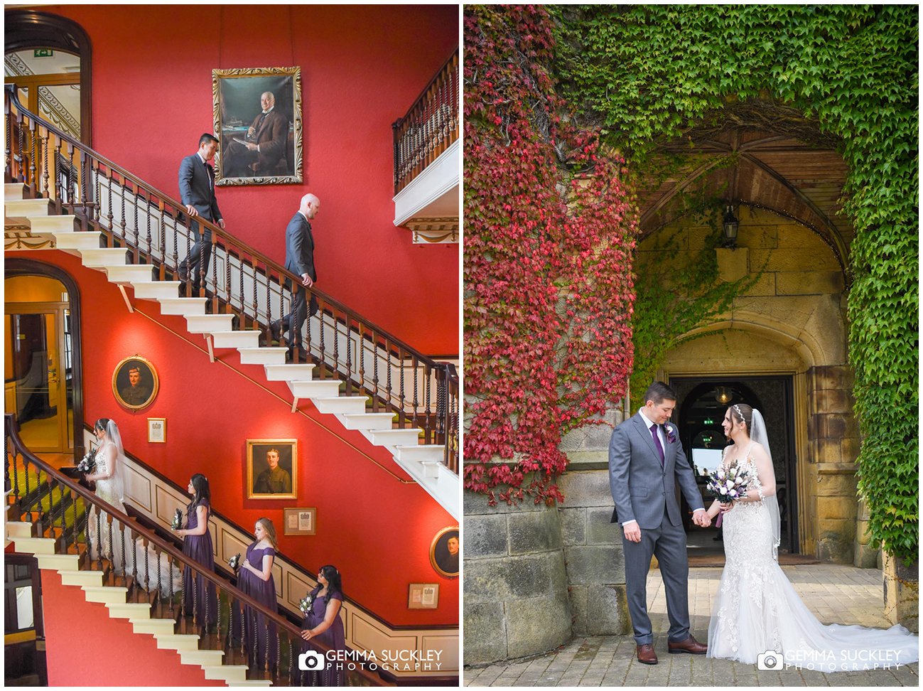 wedding party walking up the stairs at swinston castle