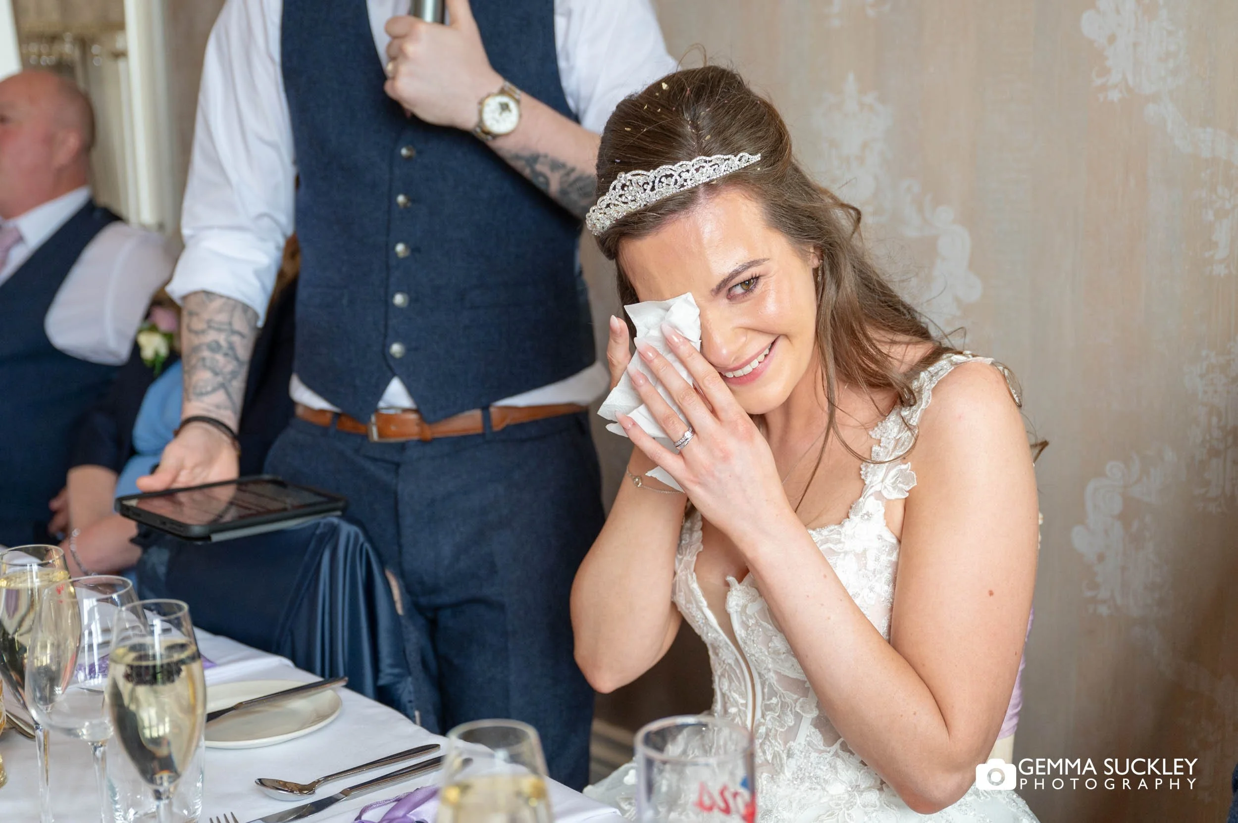 bride crying during speeches at Falcon Manor