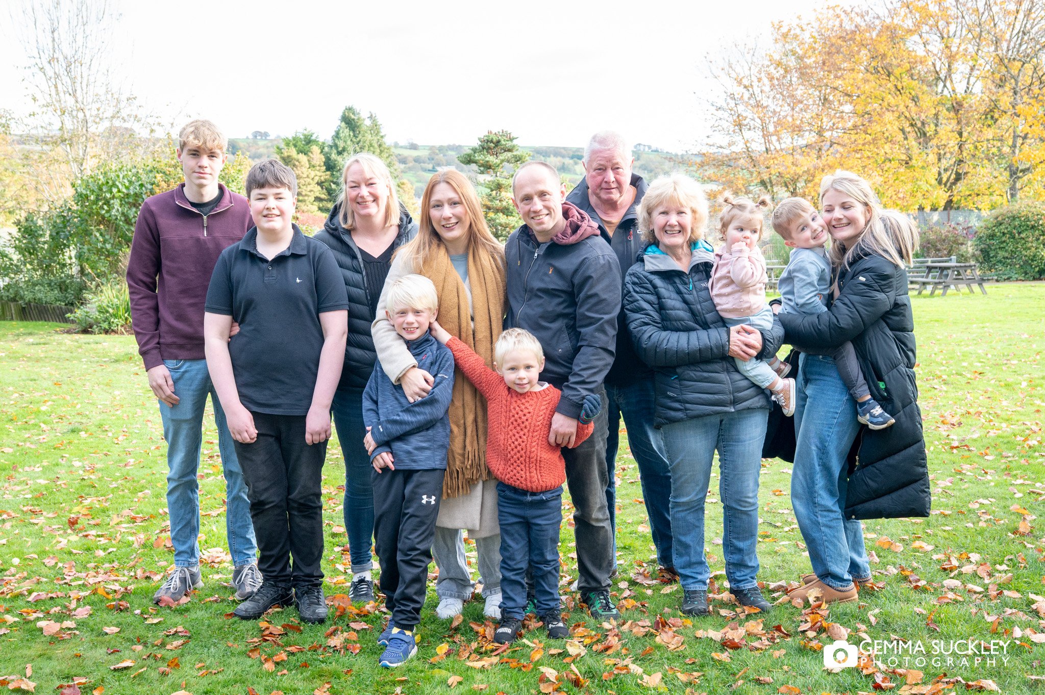 large family group photo in glusburn park