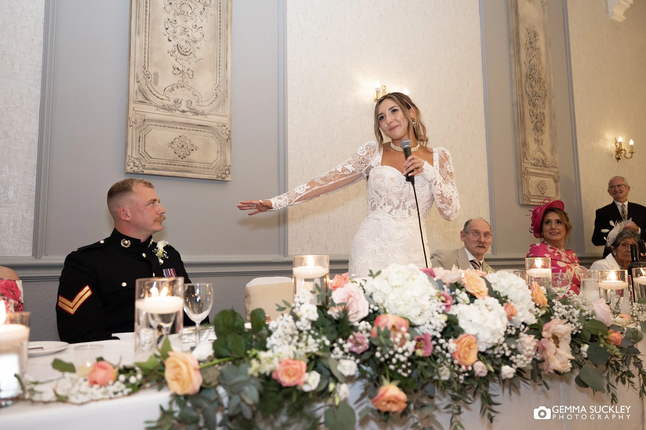 bride giving a speech at shrigley hall wedding