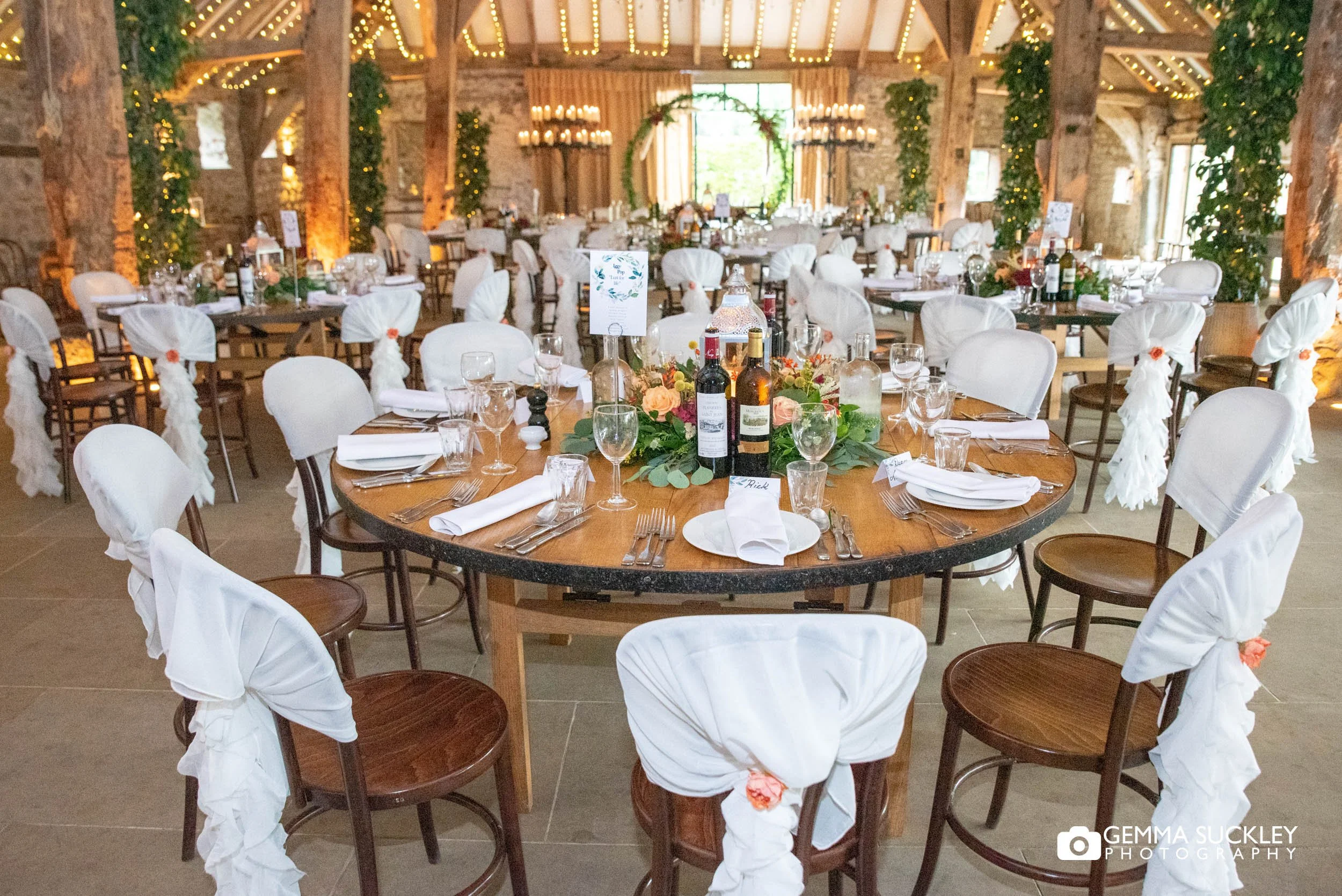 the tithe barn set for wedding breakfast