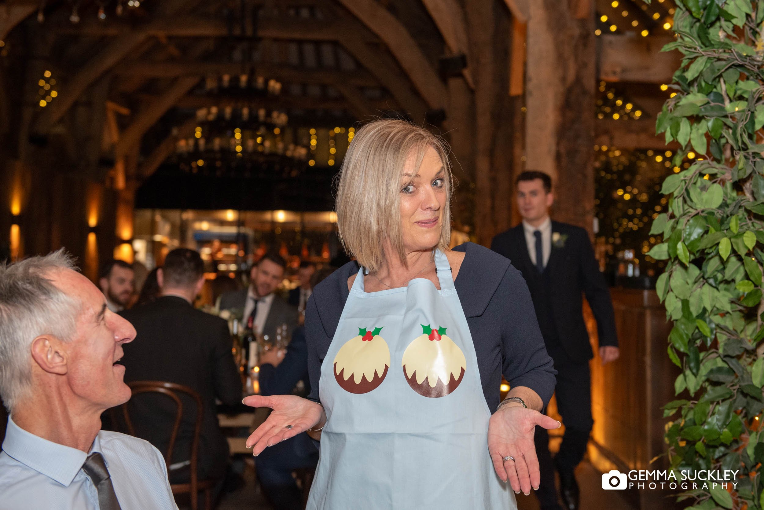 wedding guests wearing an comedy apron