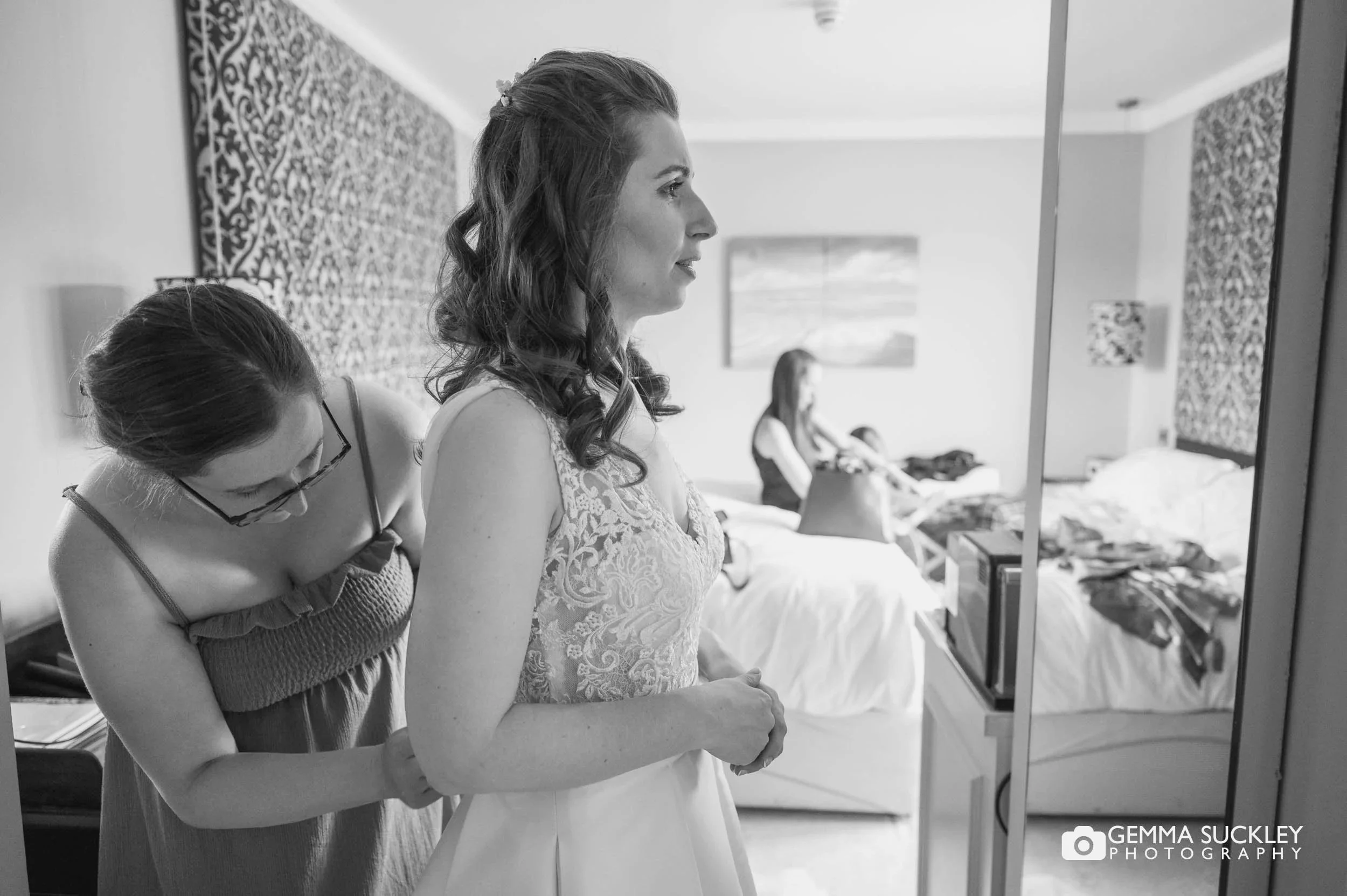 bride getting ready at the devonshire arms hotel in bolton abbey