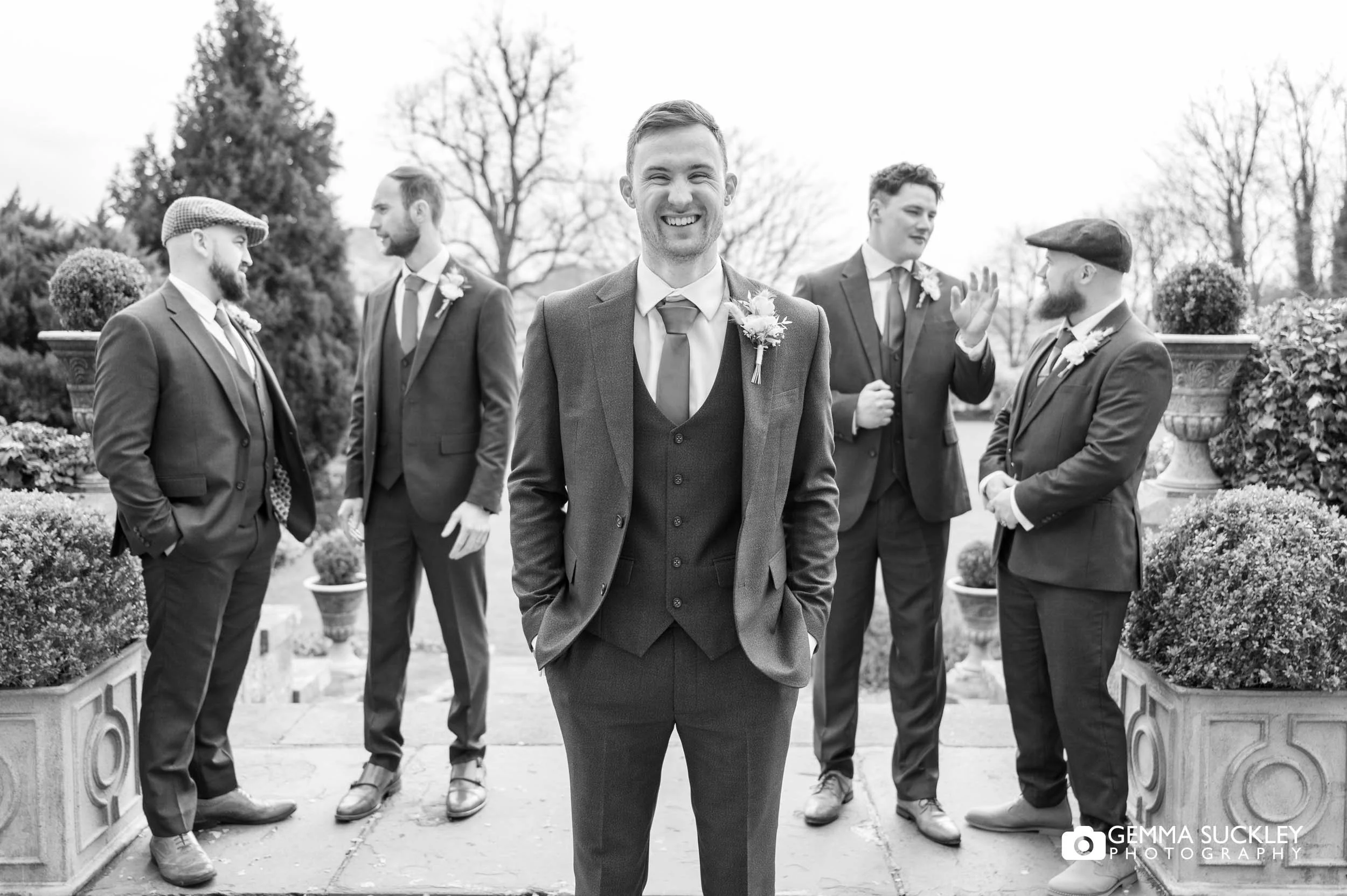 grooms party in the falcon manor garden in settle