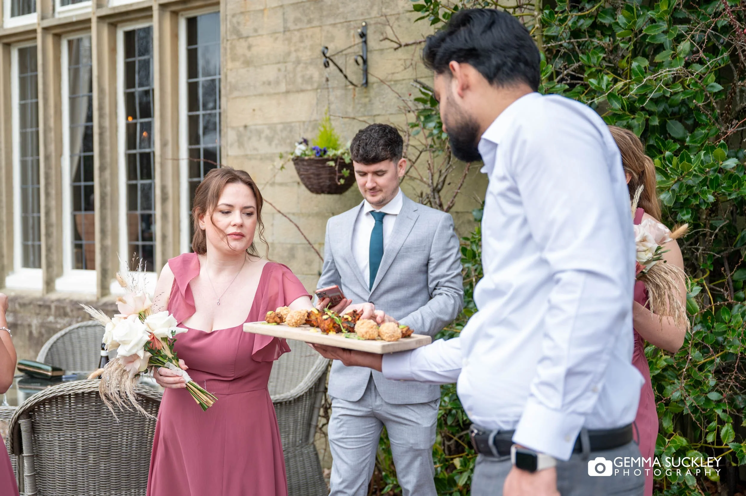 wedding canapés outside the falcon manor 