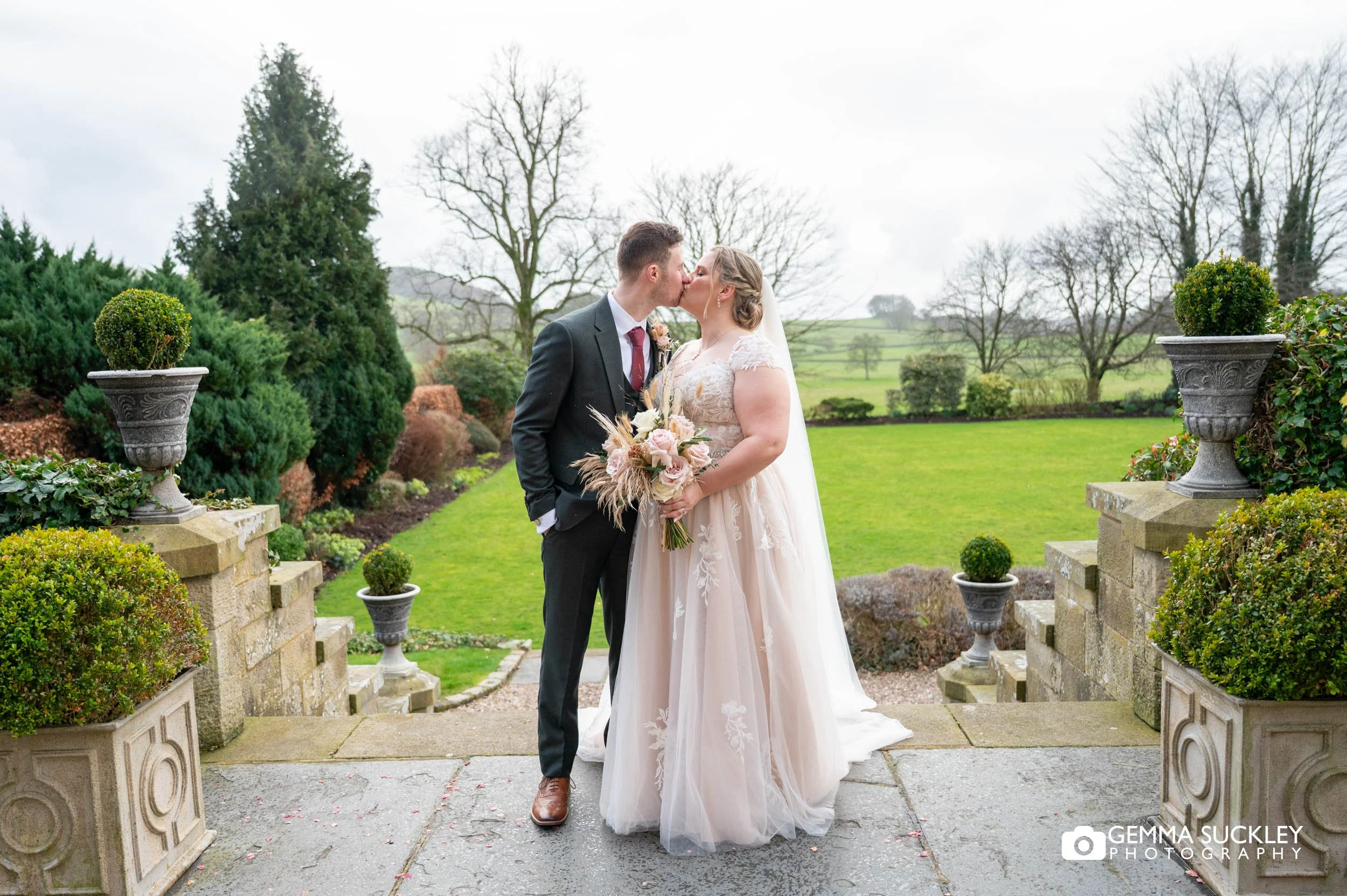 Romantic winter portrait of bride and groom at Falcon Manor wedding