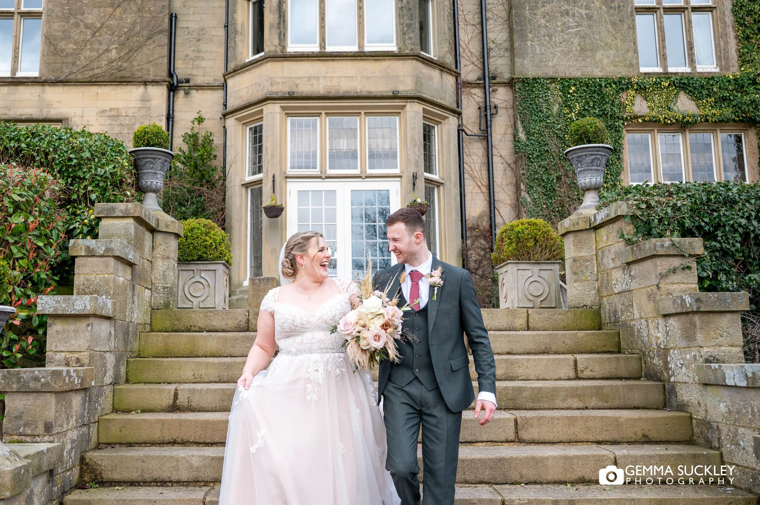 natural winter portrait of bride and groom at Falcon Manor wedding