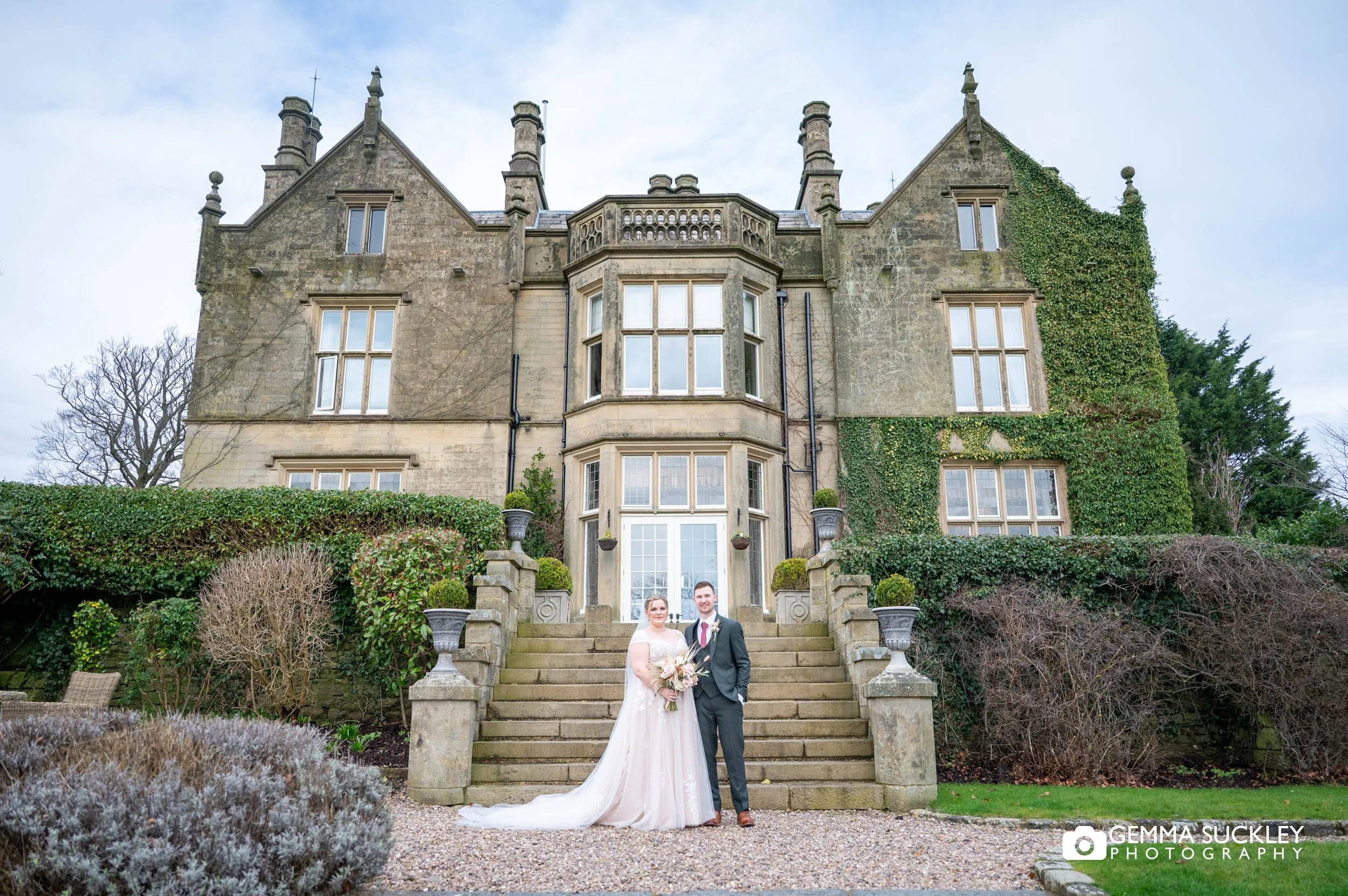 Romantic winter portrait of bride and groom at Falcon Manor wedding