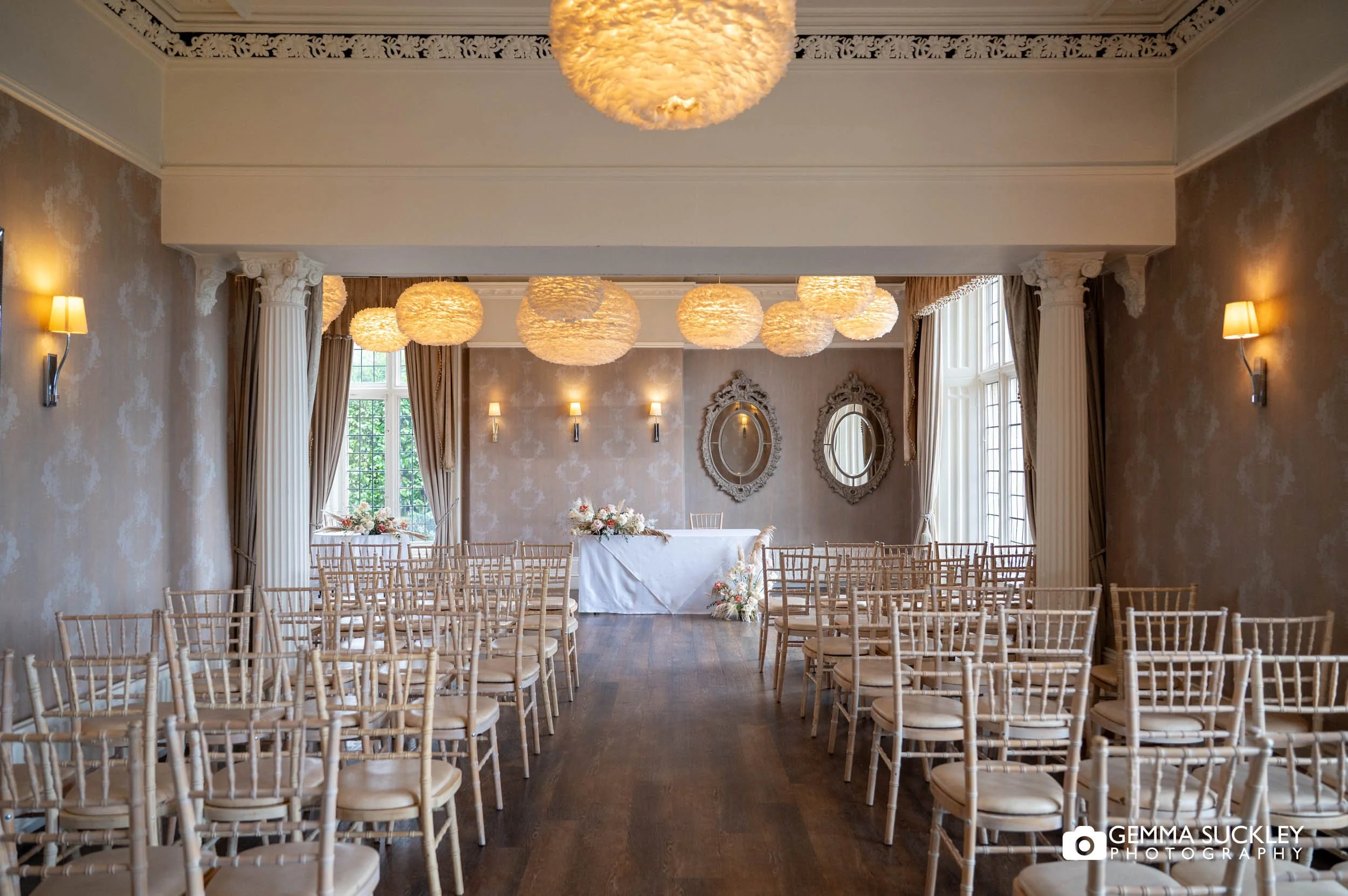 the wedding ceremony room at the falcon manor