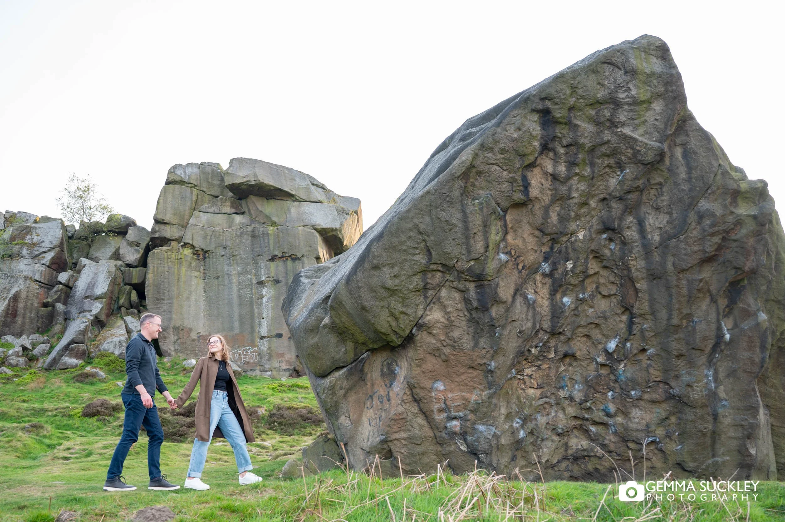 Engaged couple walking past the cow and calf during their Yorkshire engagement shoo