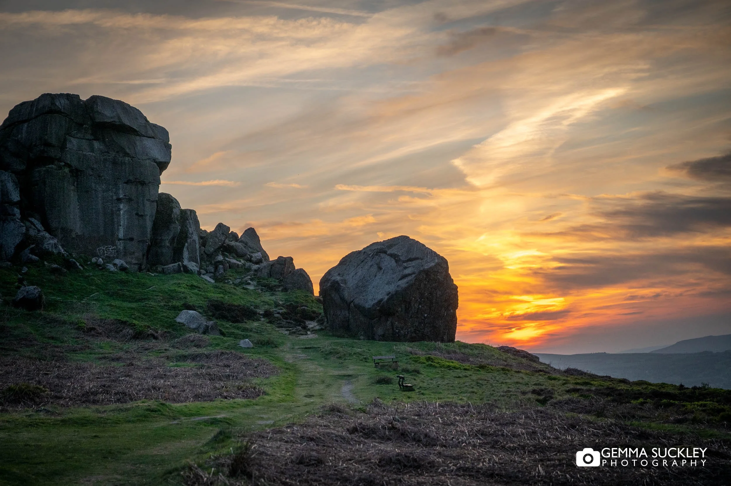 sunset at the cow and calf, ilkley moor