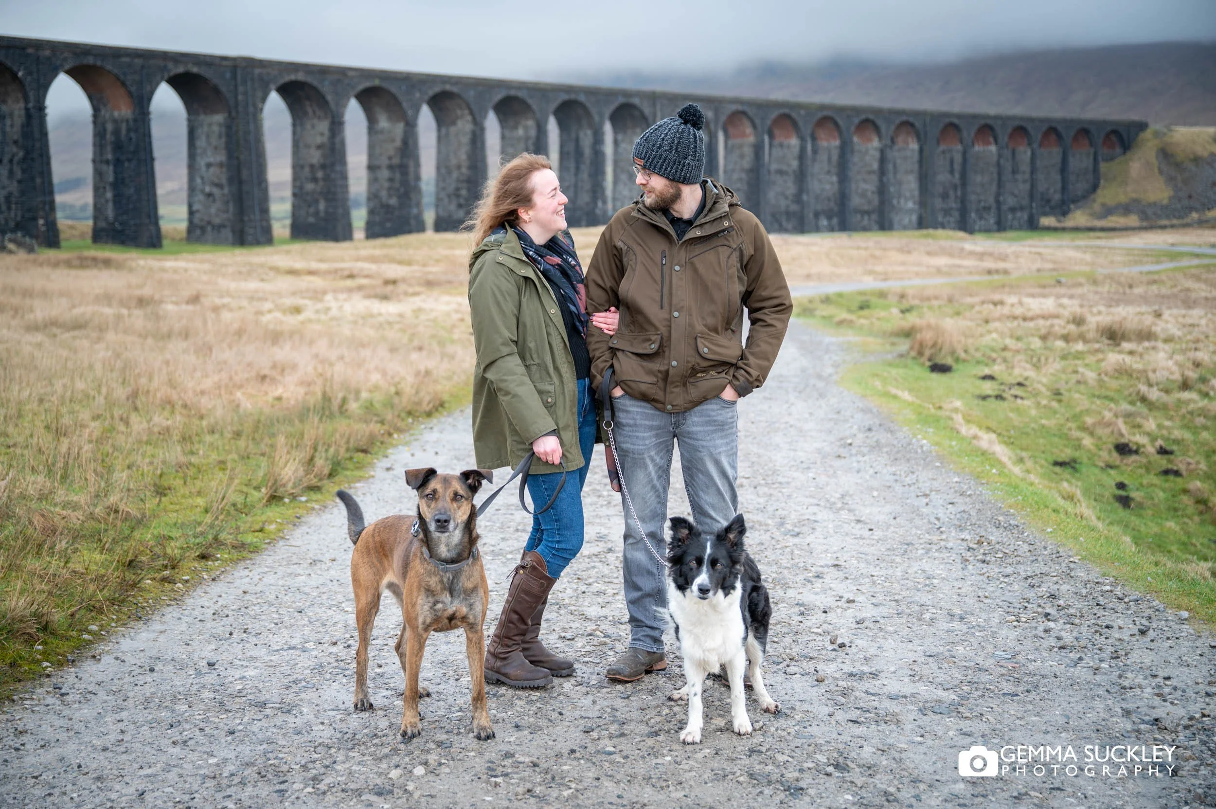 engaged couple with their dogs at ribblehead viaduct pre wedding shoot