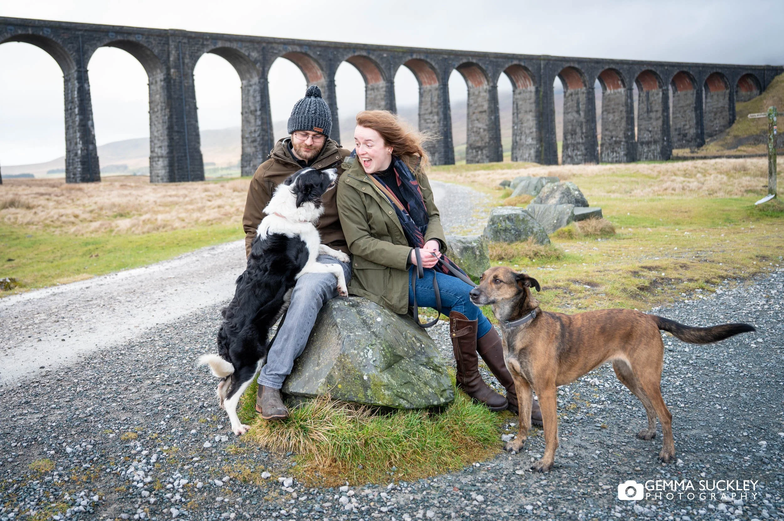 engaged couple sitting on a rock in front of ribblehead viaduct
