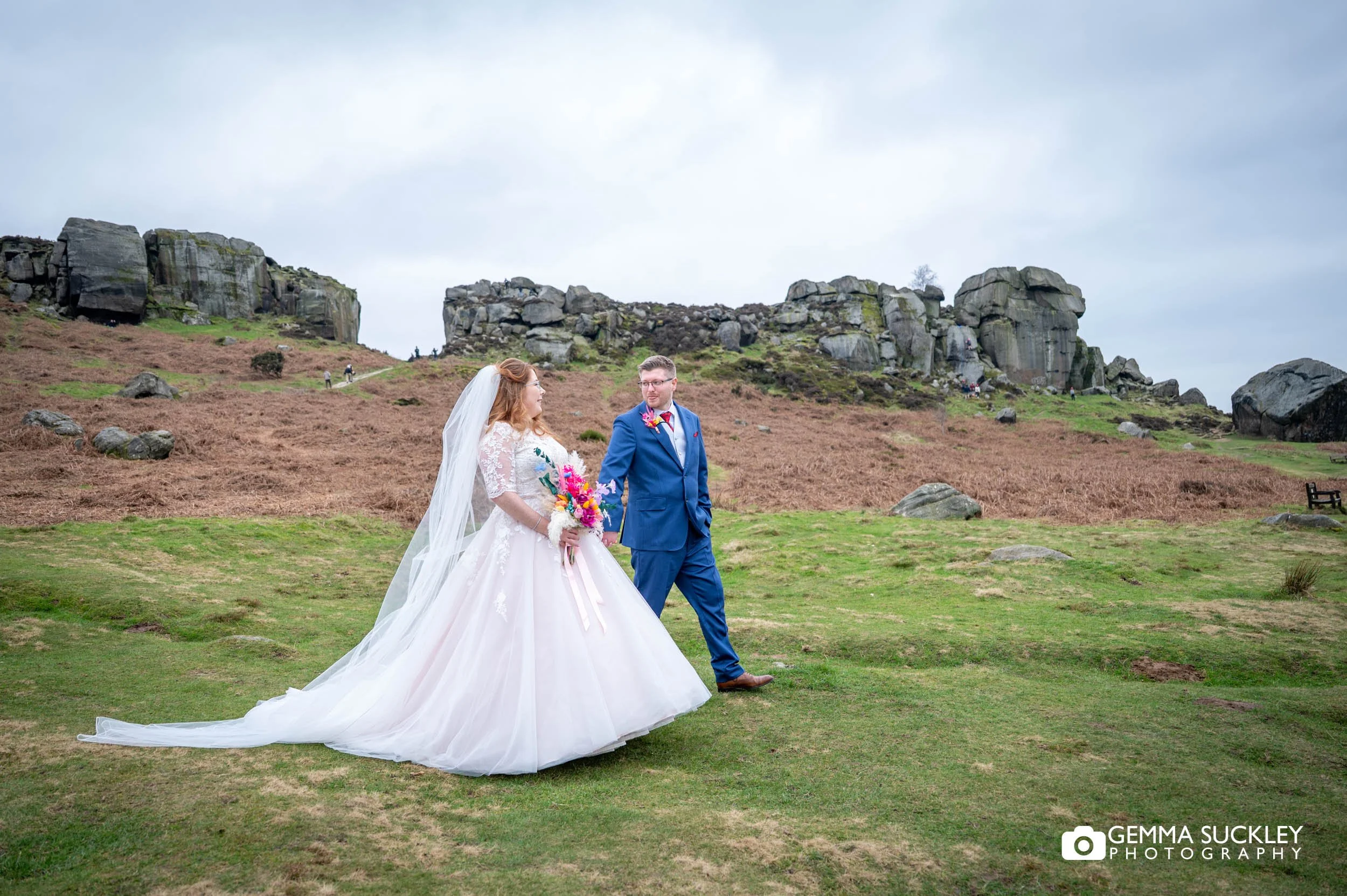 newly-weds walking on ilkley moor