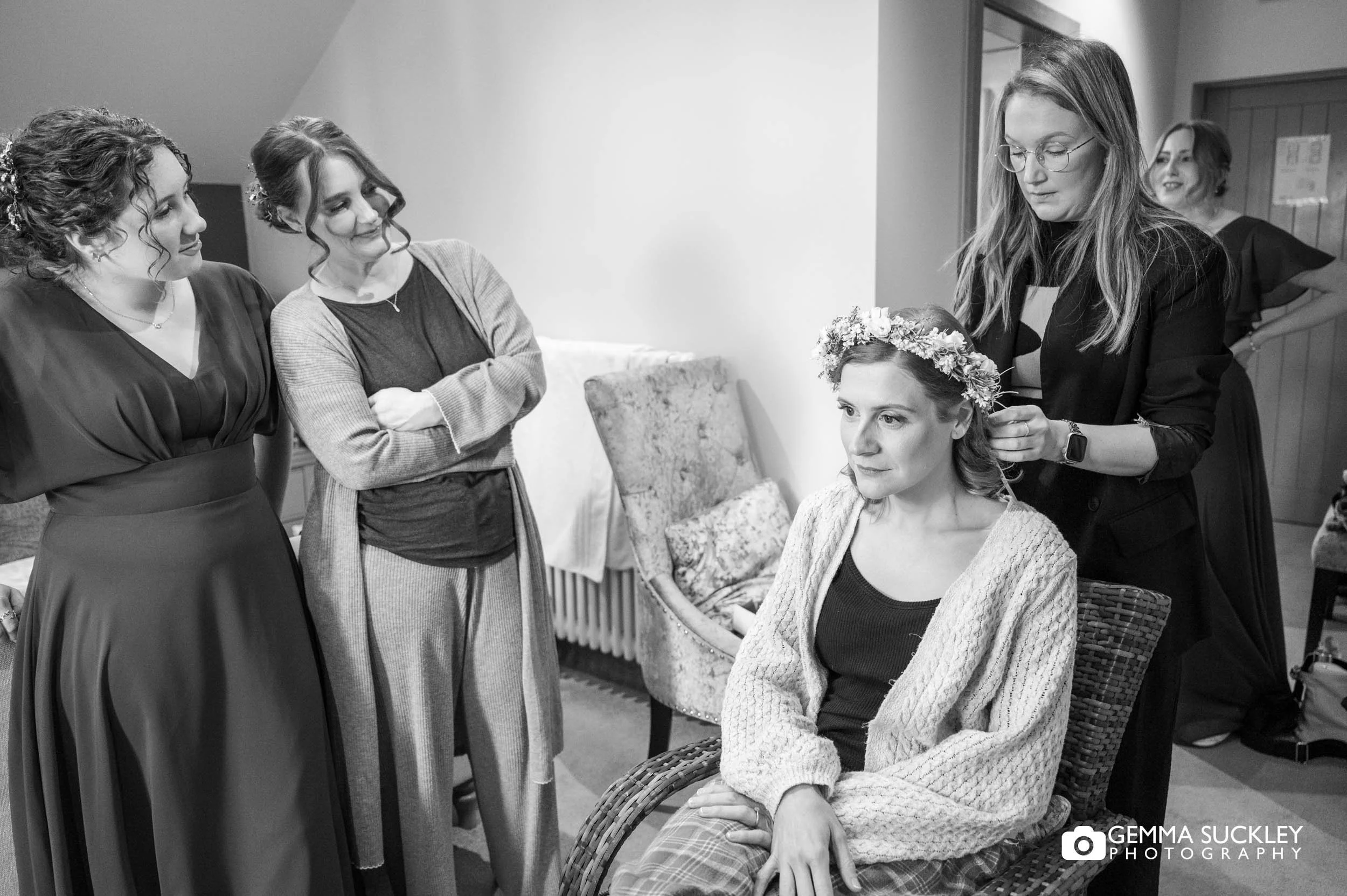 Bride having hair done at The Gamekeeper’s Inn in the Yorkshire Dales
