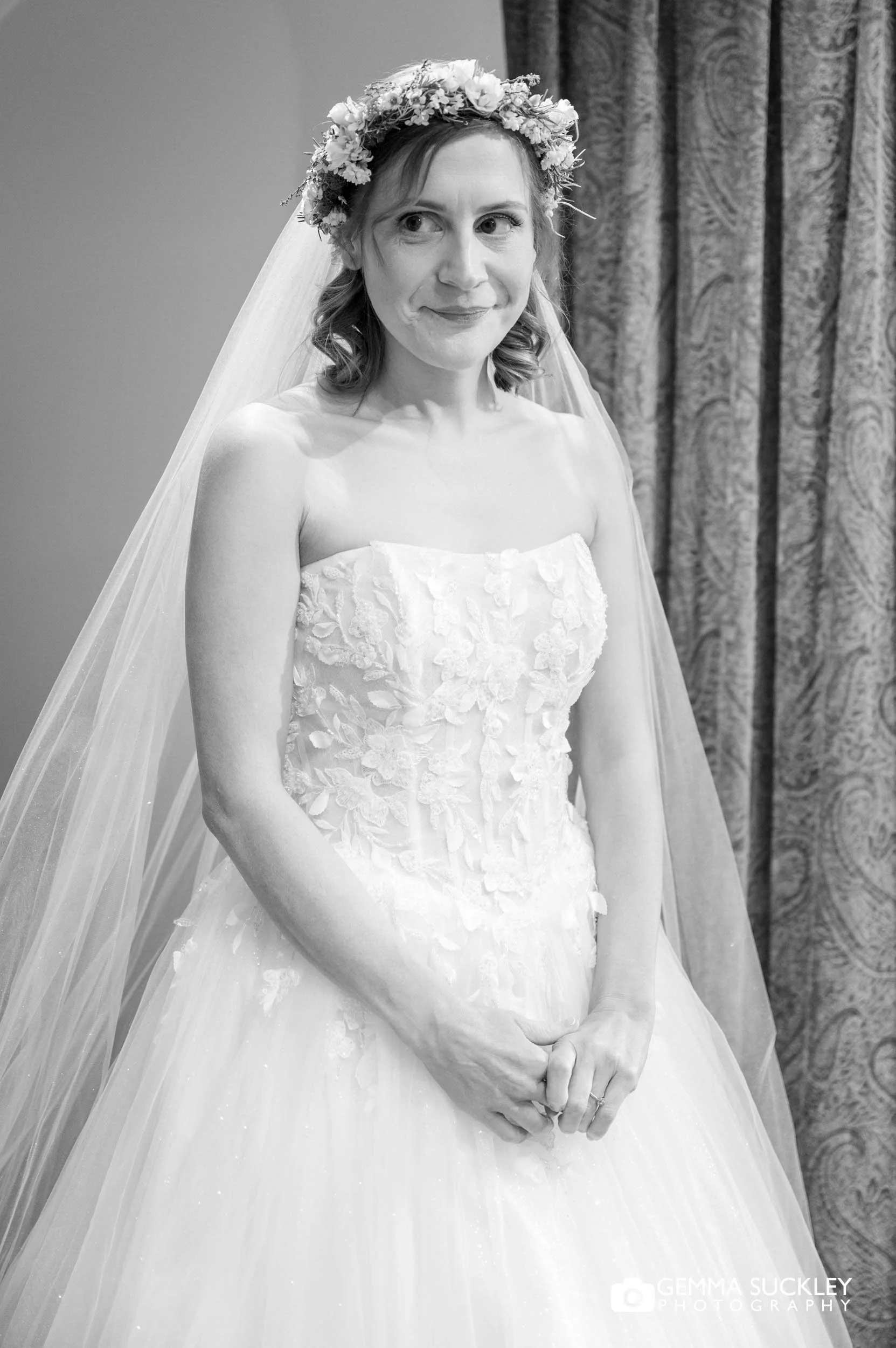 the bride in her wedding dress at the gamekeeper's inn