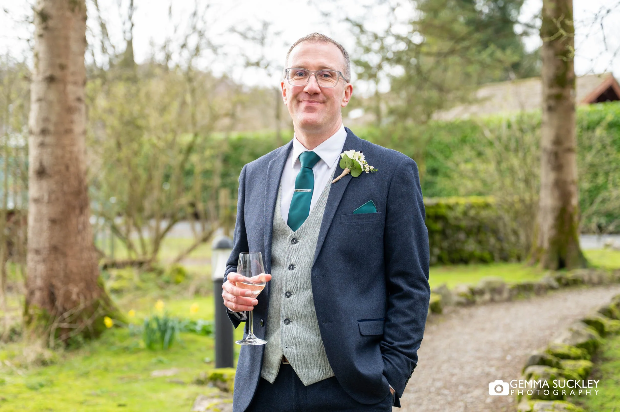 groom portrait in the woodland at The Gamekeeper’s Inn wedding