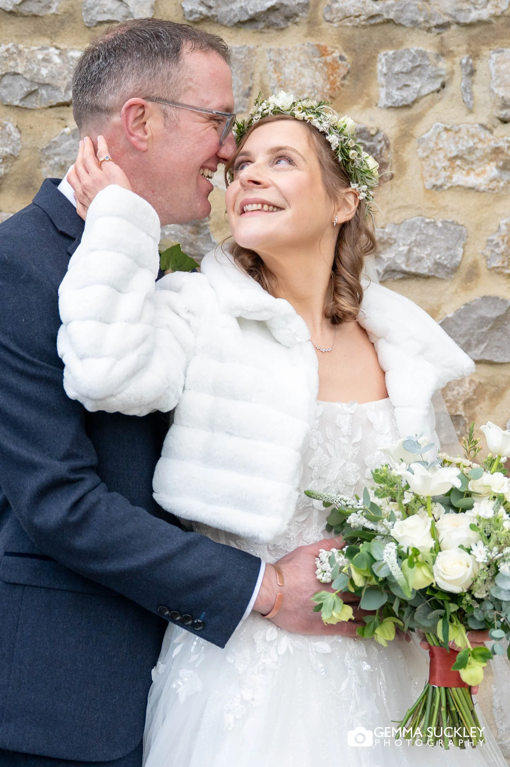 Newlywed couple in natural Yorkshire Dales wedding photography style