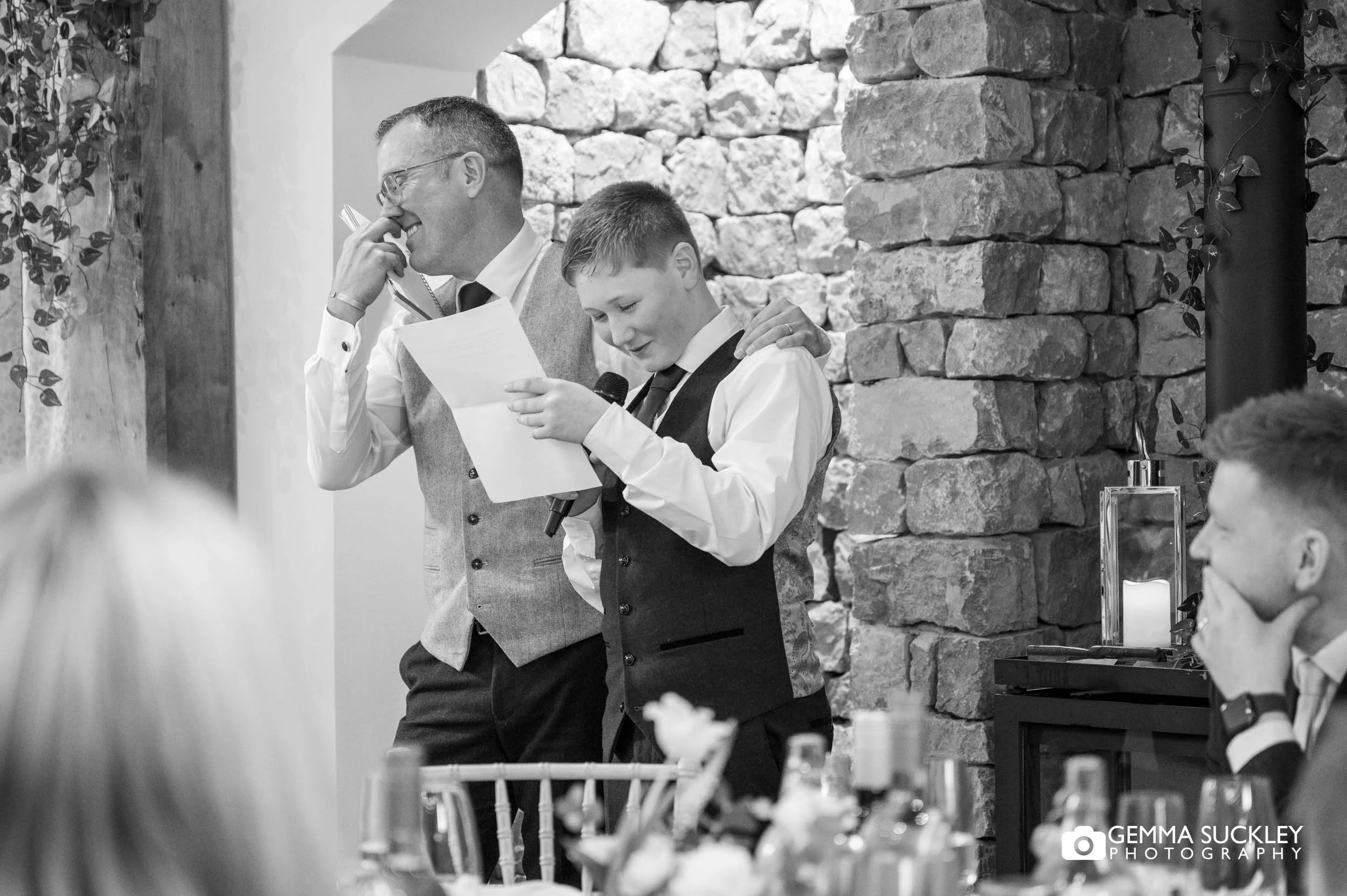 groom and his son making a speech at the gamekeeper's inn