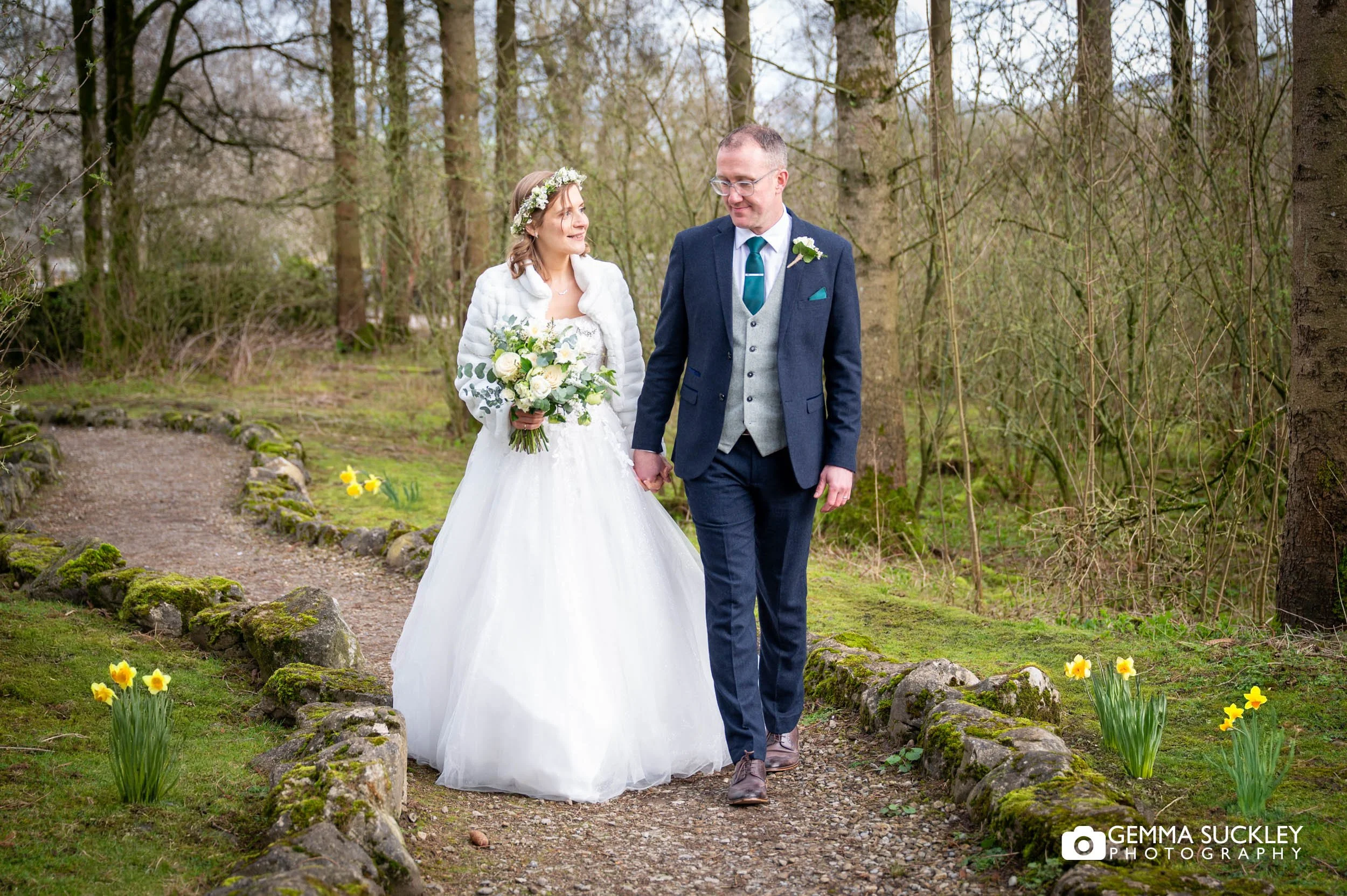 Relaxed couple portraits in the woodland at The Gamekeeper’s Inn wedding