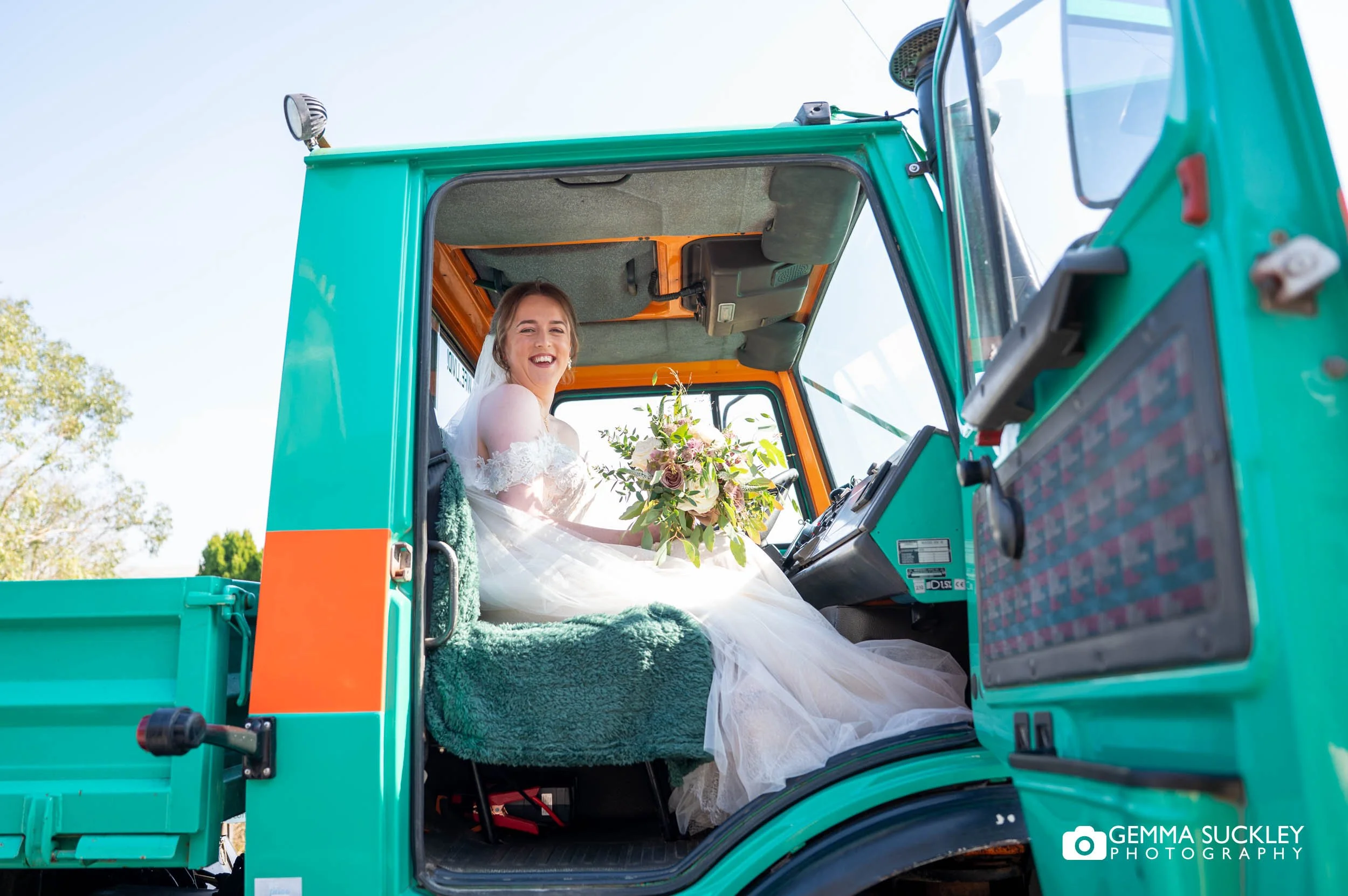 bride in the unimog on the way to the falcon manor