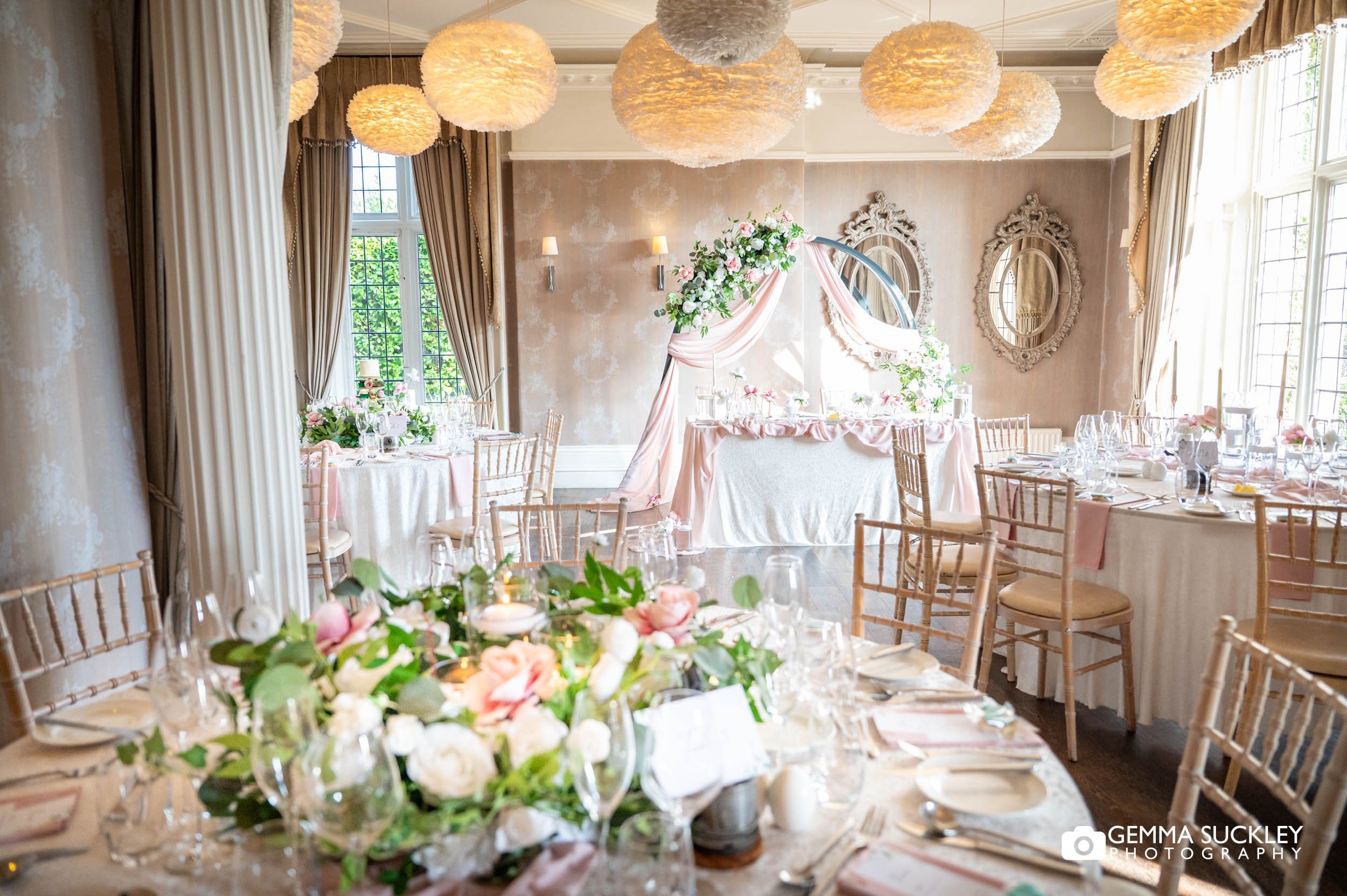 Reception room decorated for wedding breakfast at Falcon Manor