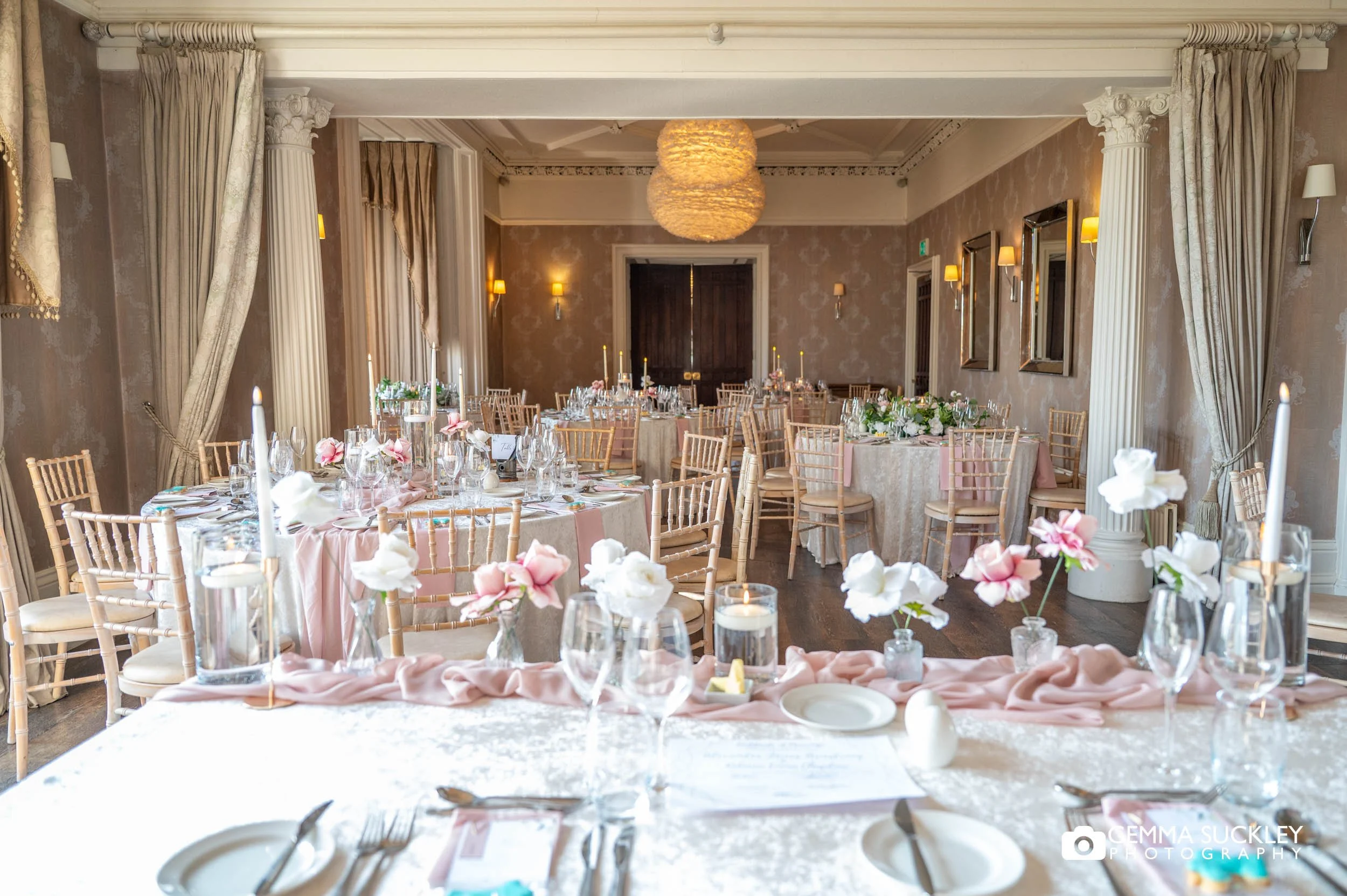 Elegant wedding breakfast styling at Falcon Manor Settle