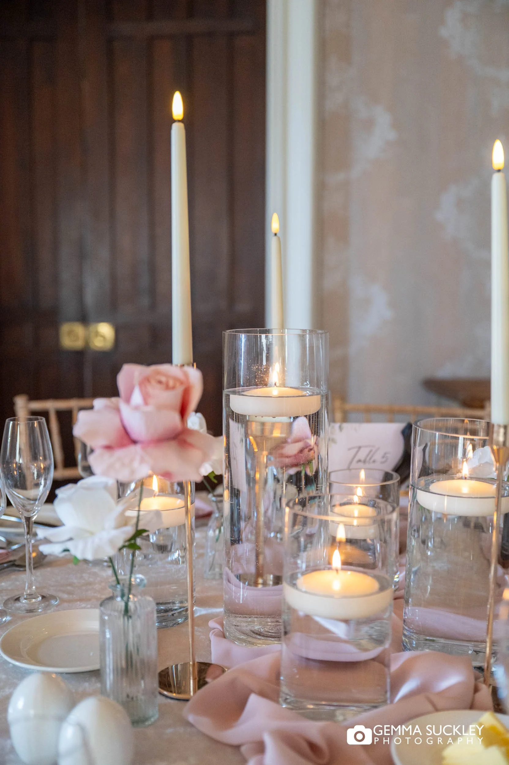 table candles setup at Falcon Manor reception room
