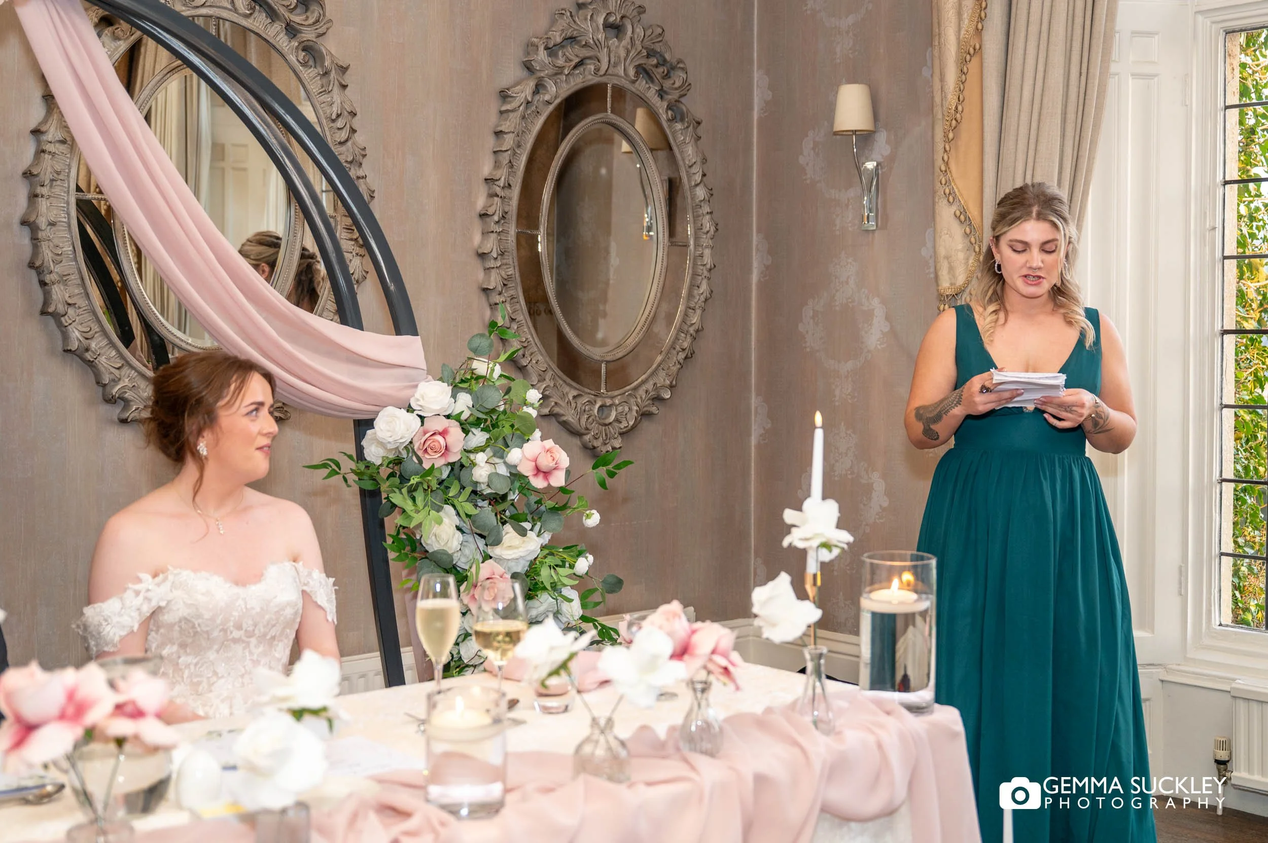 bridesmaid making her speech at the falcon manor