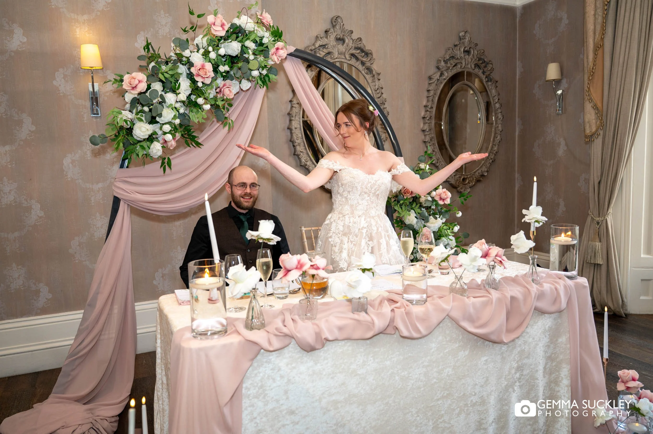 bride making a funny speech at the falcon manor