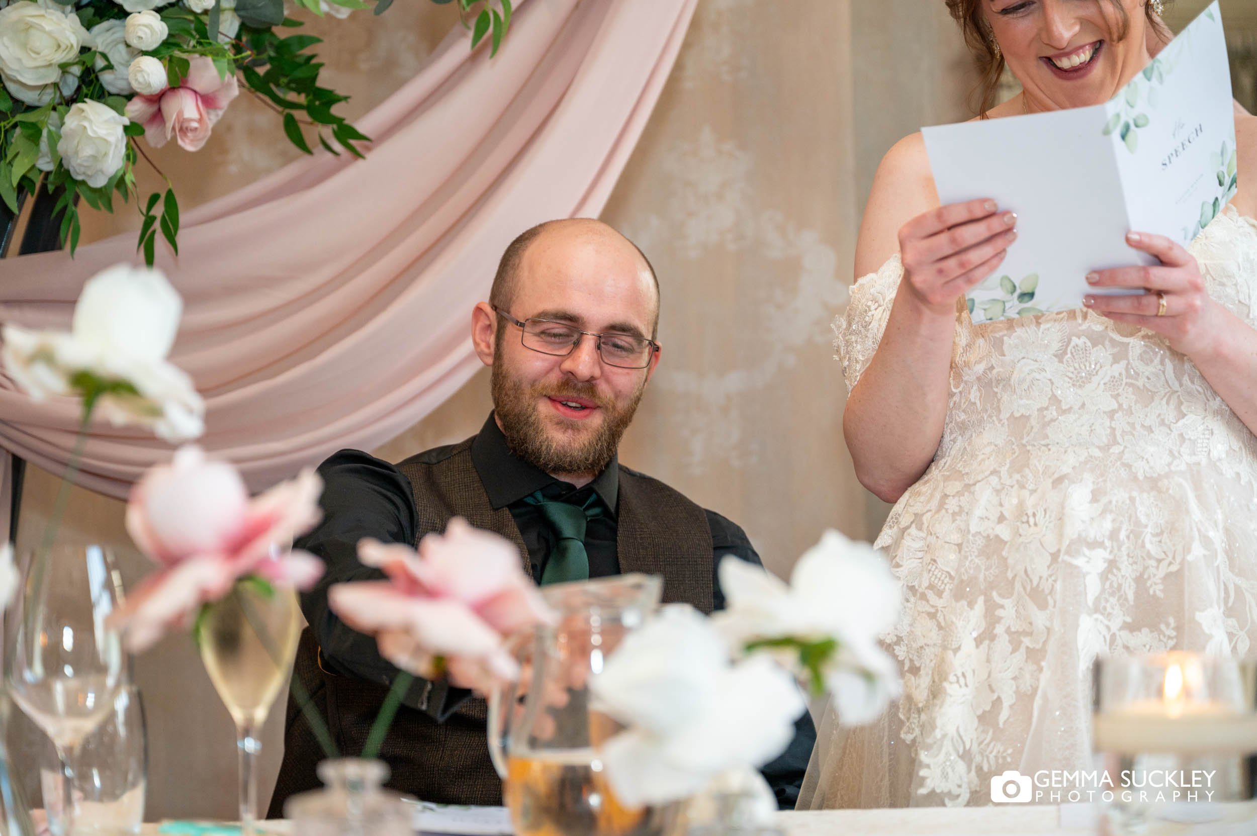Emotional moment during speeches at Falcon Manor wedding reception