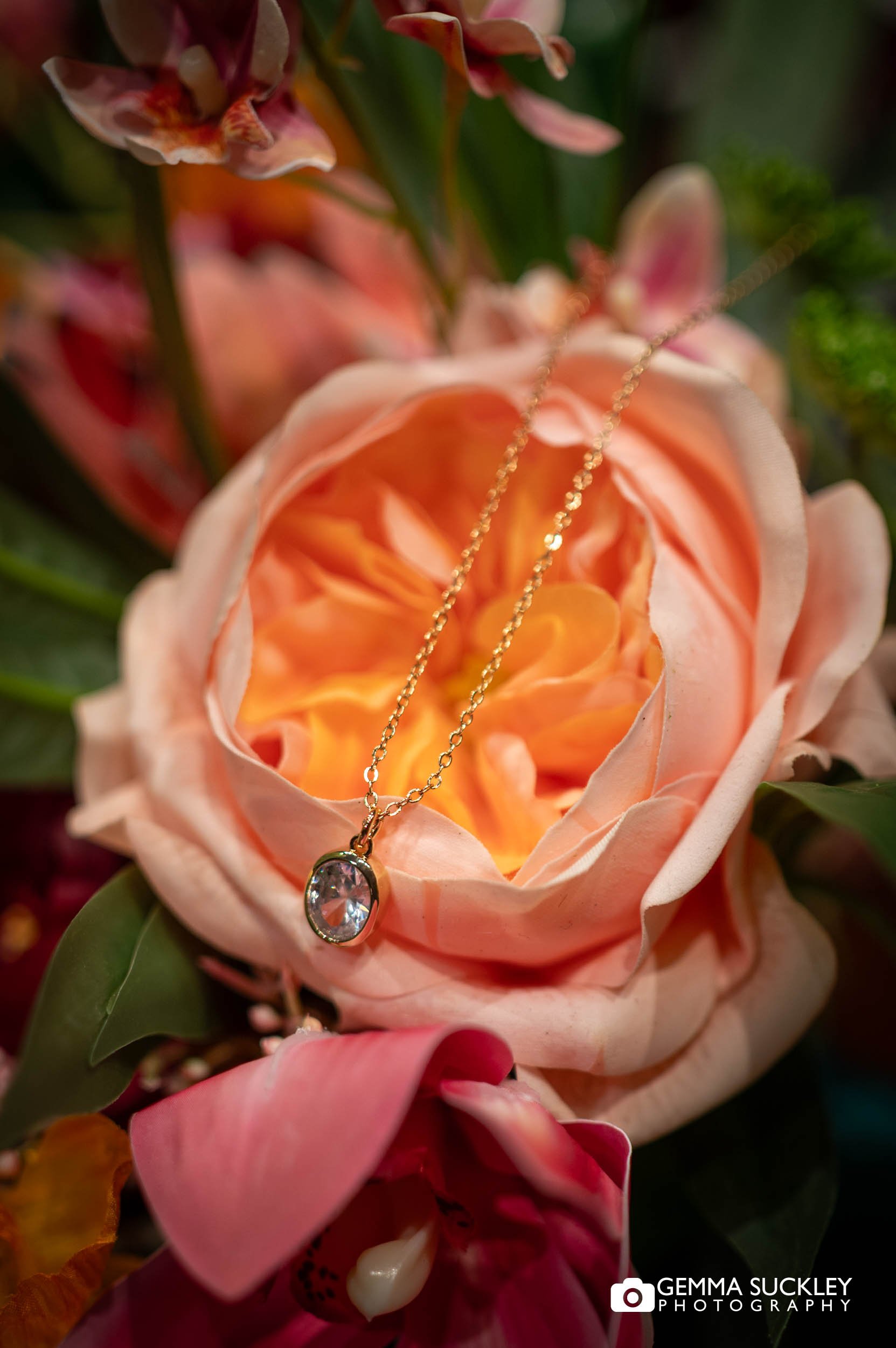 Close-up of bridal details including dress and accessories