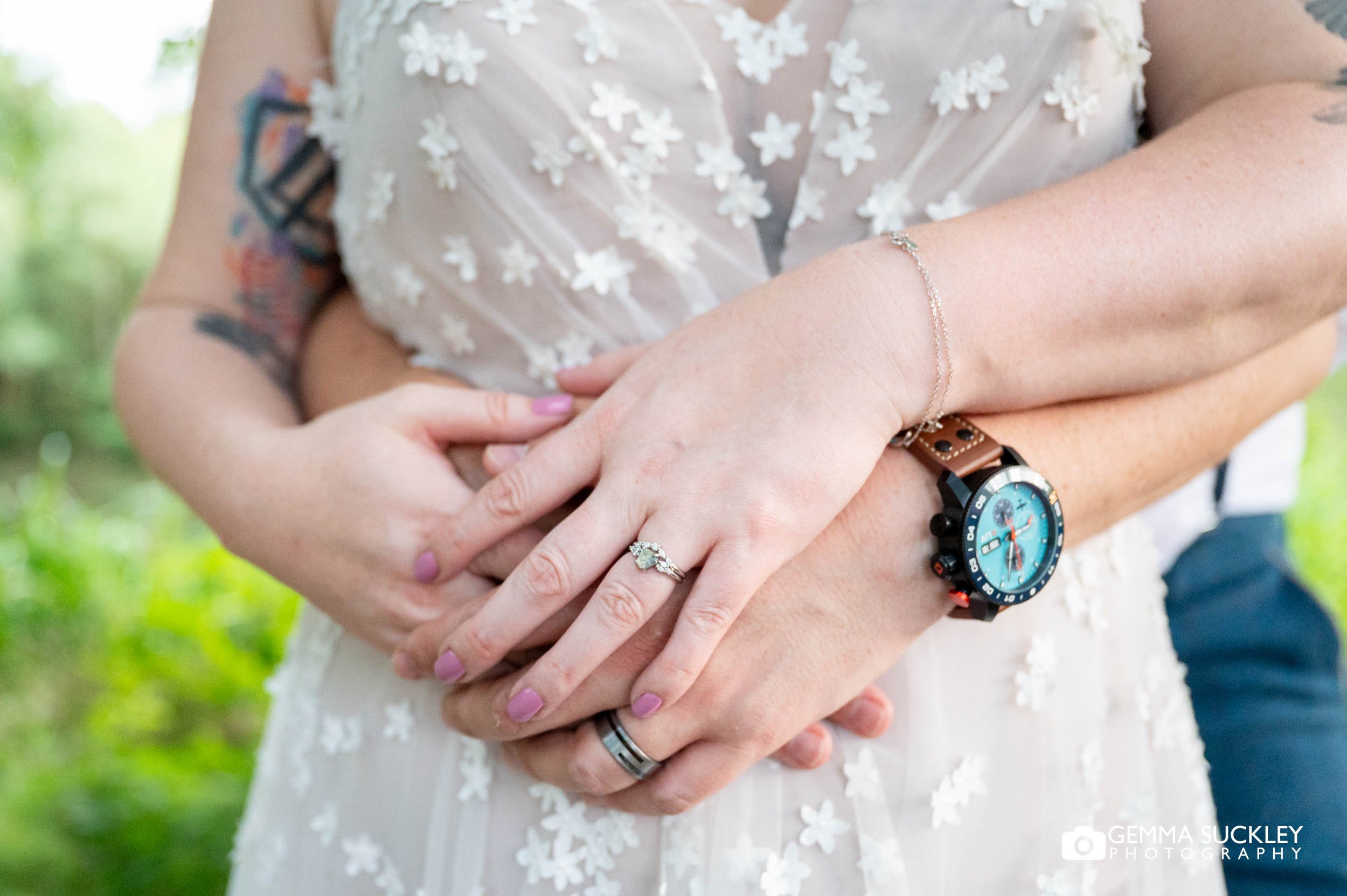 Bride's blue-green sapphire engagement ring from Aardvark Jewellery