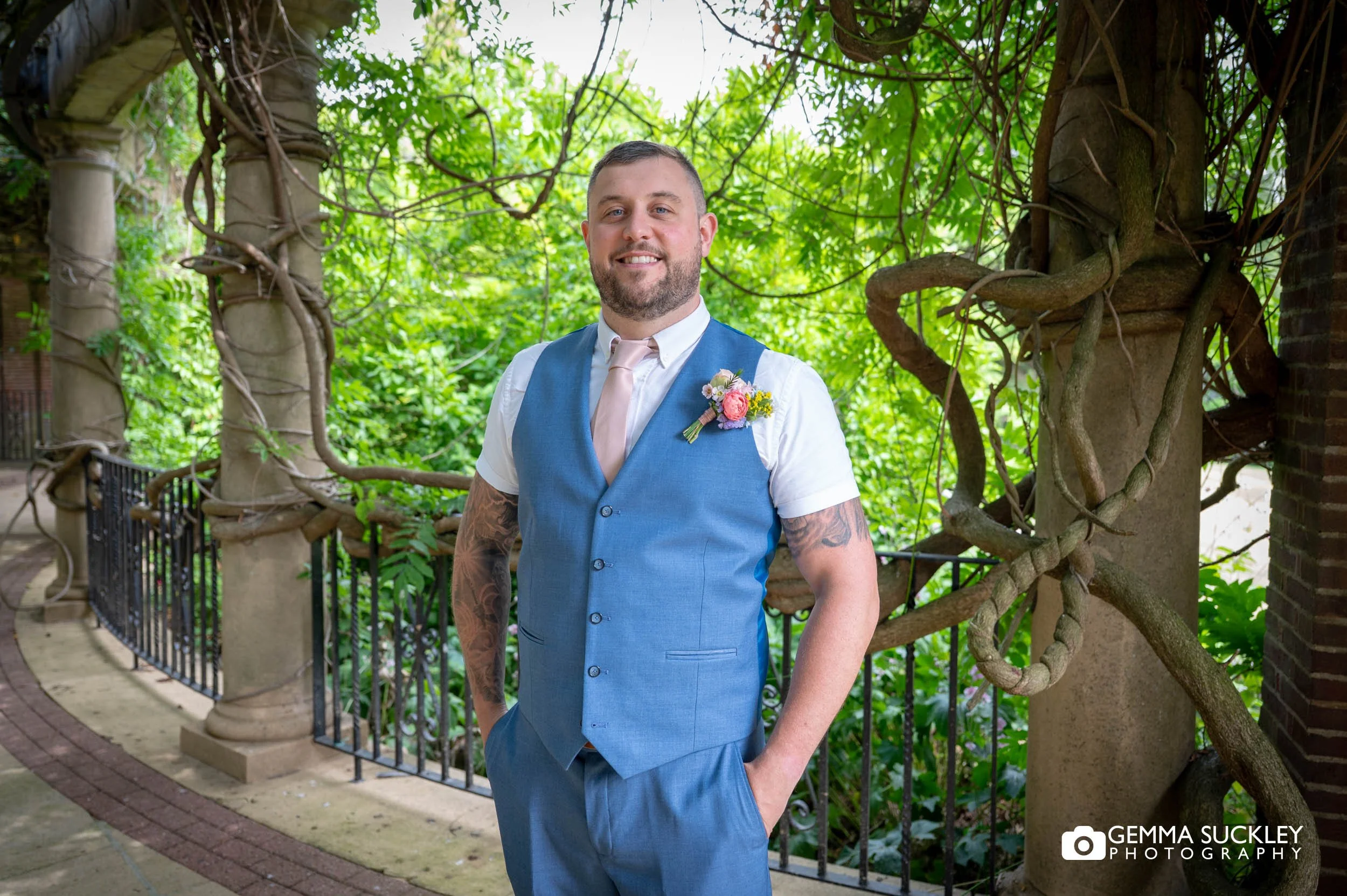 Groom in blue suit at The Sun Pavilion Harrogate