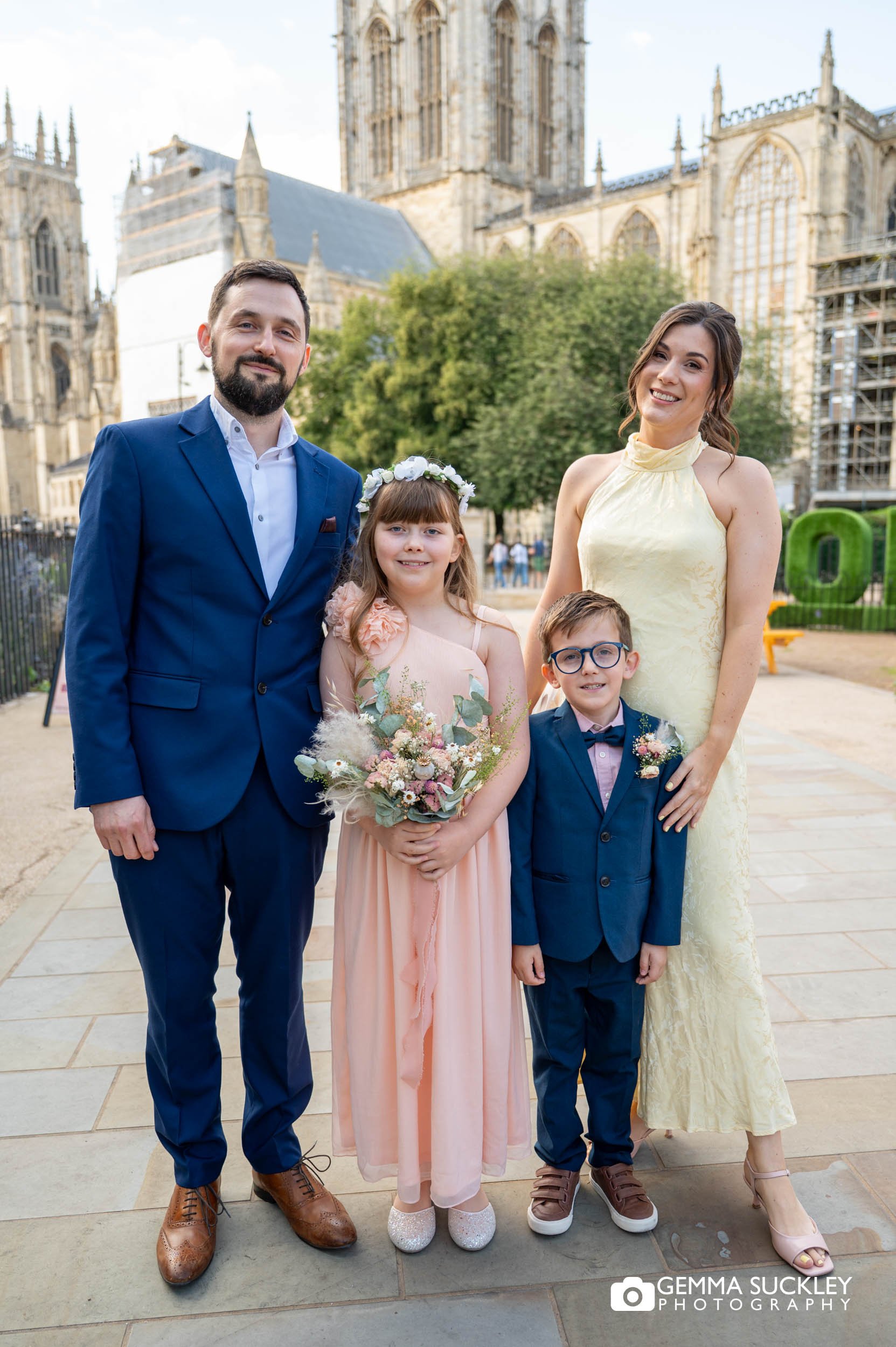 family formal photo outside the york minster