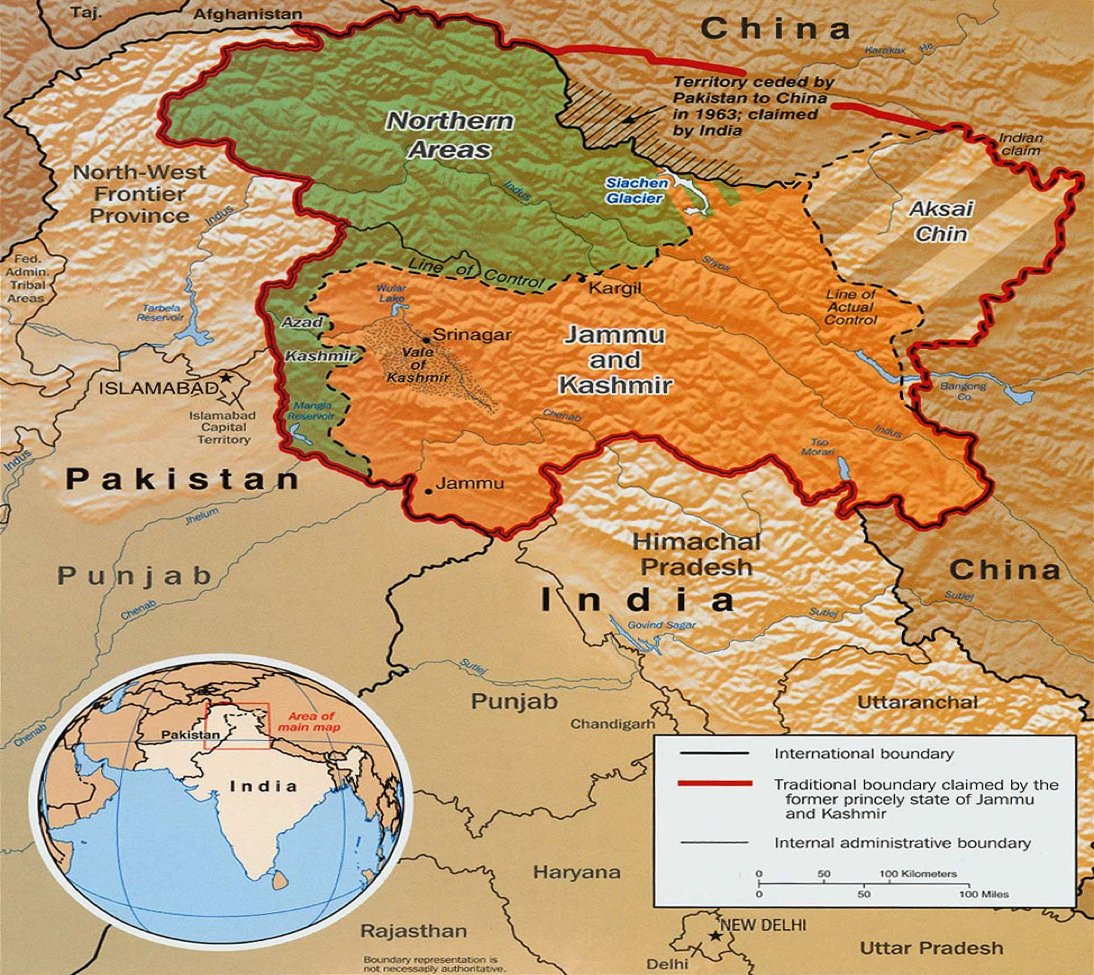 Figure SEQ Figure \* ARABIC 2 . A map of territorial disputes between India, China and Pakistan. Source: University of Texas Map Library.