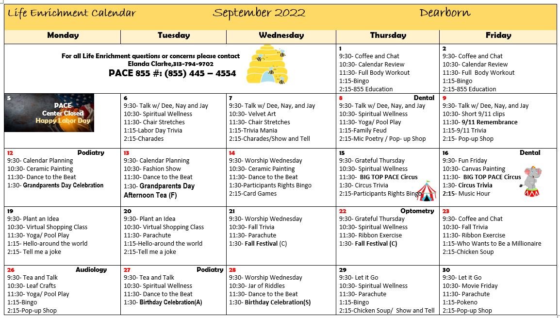 Past Center Activity Calendars — PACE Southeast Michigan