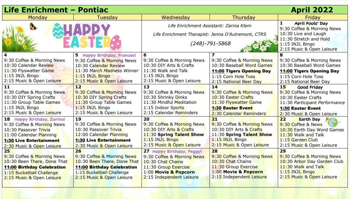 Past Center Activity Calendars — PACE Southeast Michigan
