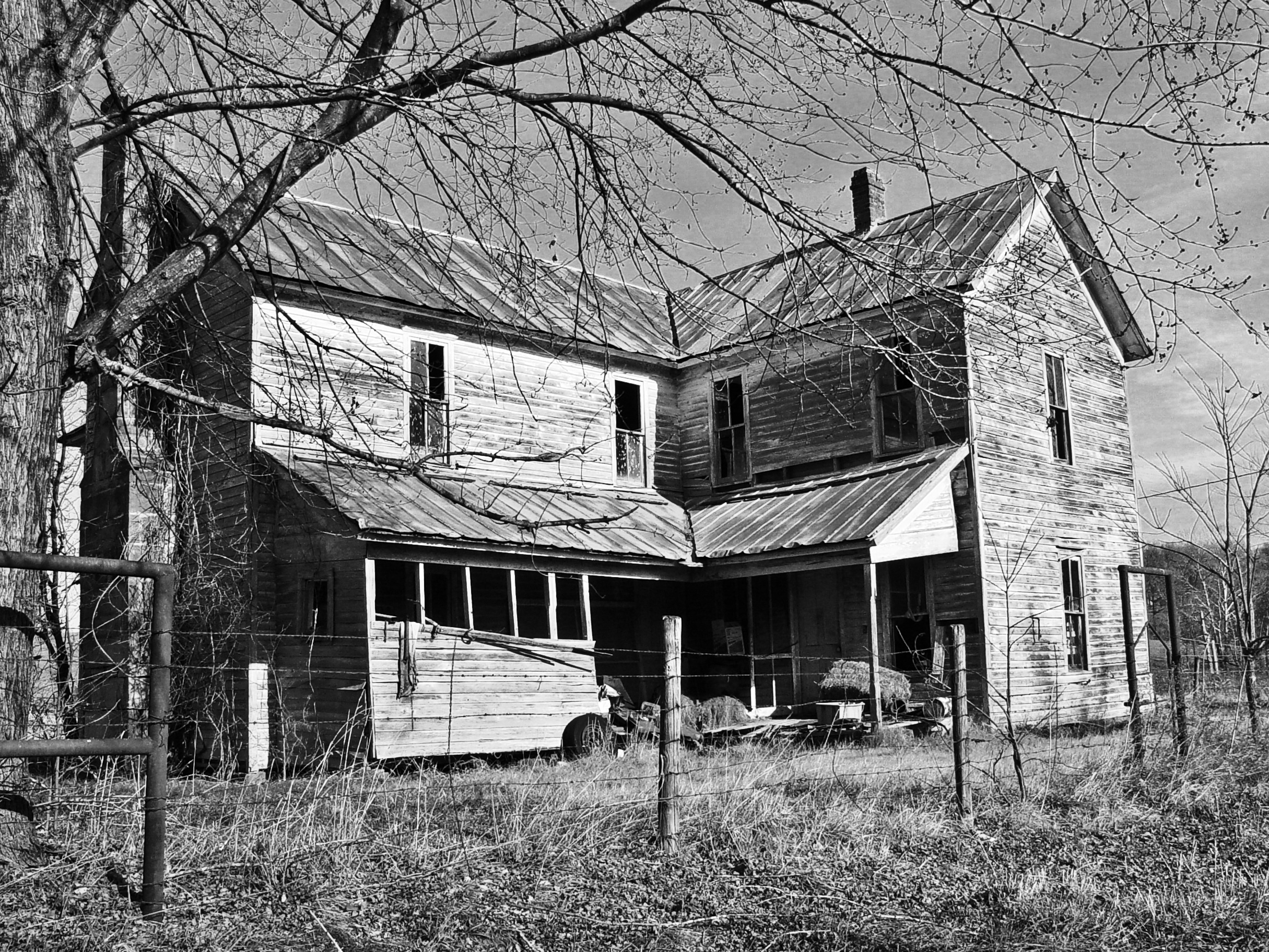    Back Porch of an&nbsp;Abandoned Farmhouse  , Madison County, AR, 2006. B&amp;W HDR digital image. 