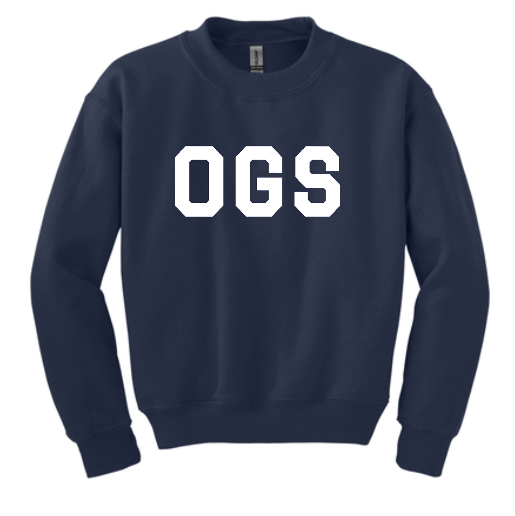 OGS navy crewneck sweatshirt with large OGS across chest