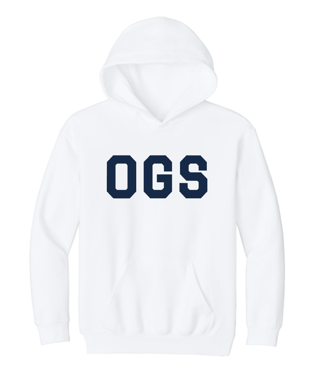 OGS white hoodie with navy OGS across chest