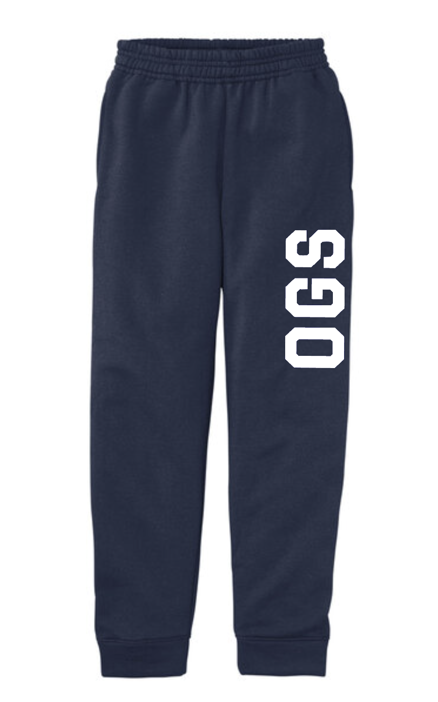 OGS navy sweatpants with vertical OGS print