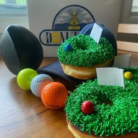 Father's Day is fast approaching and we have "greens" ready for you! It's going to be a little wet on the actual greens so why not buy a  donut green for your dad.  These are ring yeast donuts dipped in chocolate fondant and dipped in green