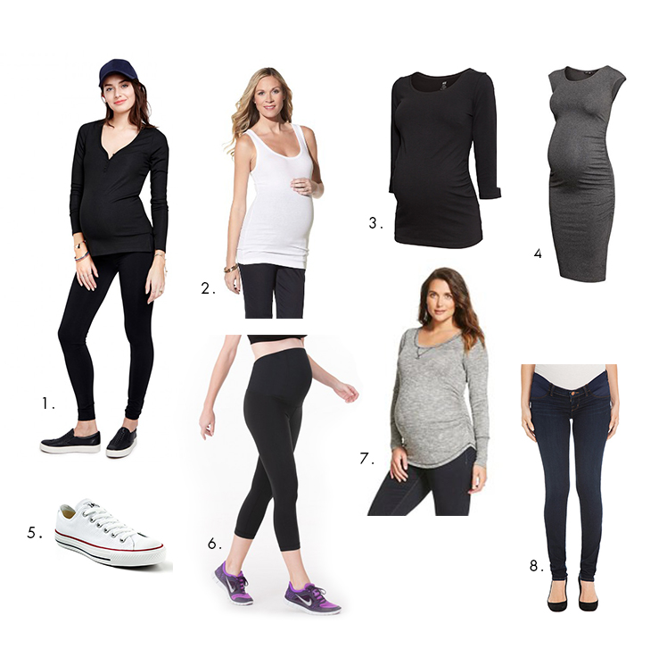 1 . Hatch Premium Leggings | 2. Liz Lang for Target maternity tank top | 3. H&M Maternity Mama Jersey Top | 4. H&M Maternity Mama Jersey Dress | 5. Converse Chuck Taylor Classics | 6. Ingrid & Isabe l Active Capri with Crossover Panel | 7. Liz Lang for Target Casual Long Sleeved Tee | 8. J Brand Maternity jeans